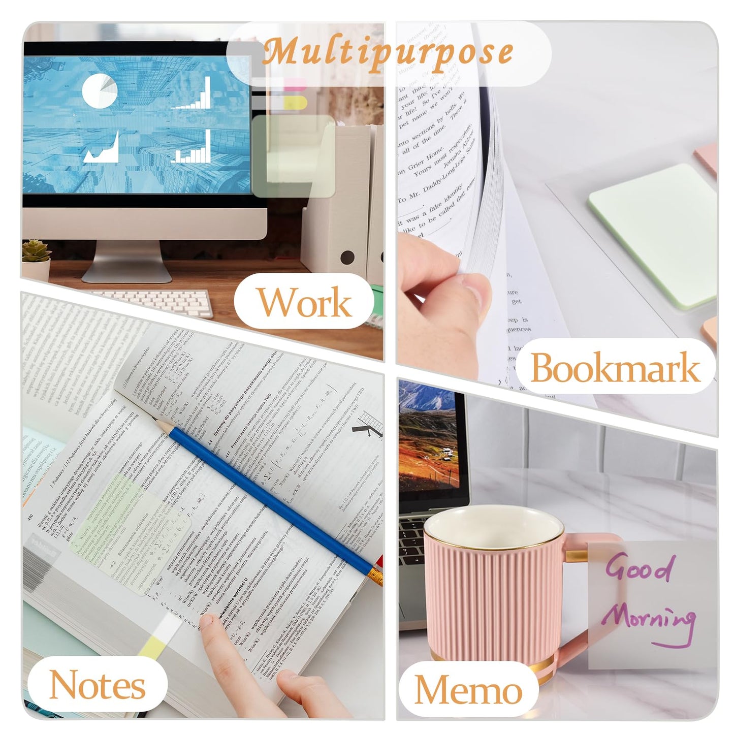 BAYTORY 1300 Sheets Pastel Transparent Sticky Notes, Clear Waterproof 3 x 3 inch See Through Memo Pad, Self-Adhesive Translucent Writable Index Tabs for Annotating Books, Stationary Supplies