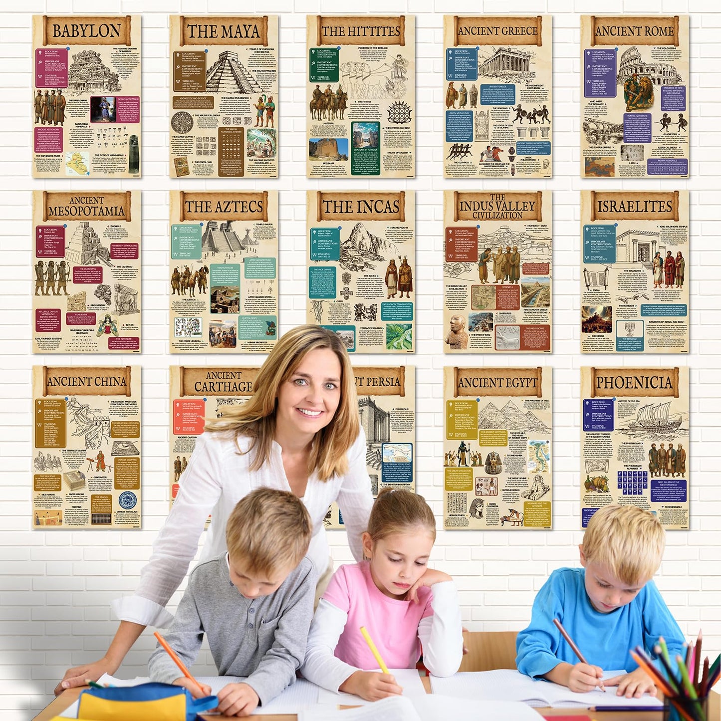 KIDS KING 18 Culture Posters for Classroom, 11x17in Laminated Educational Posters of Ancient Civilizations History, 7 Wonders of The World, Top 10 Unsolved Mysteries - School Hallways, Home Study Room