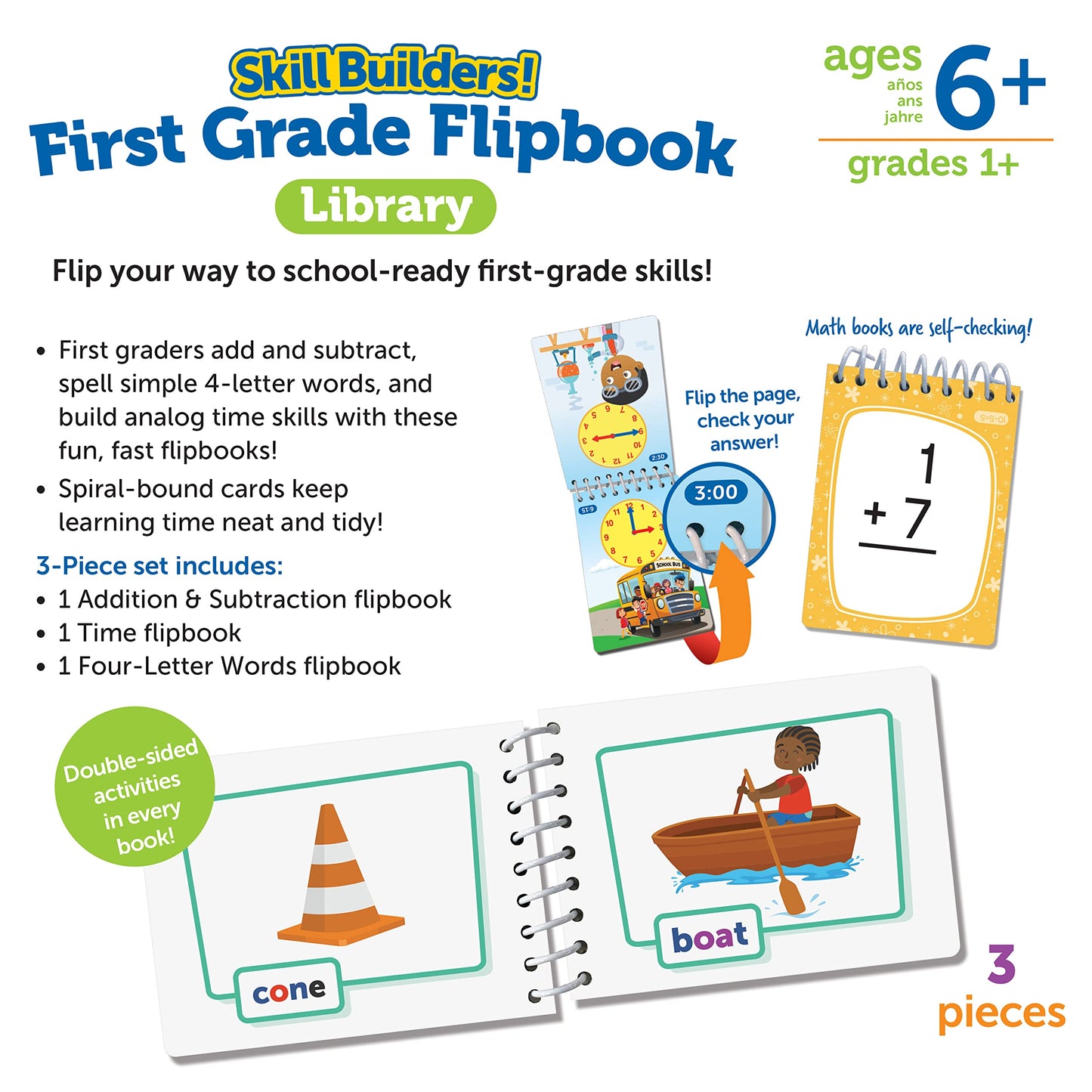 Learning Resources Skill Builders! First Grade Flipbook Library - 3 Pieces, Ages 6+, Math and Spelling Activities for Kids, First Grade Must Haves