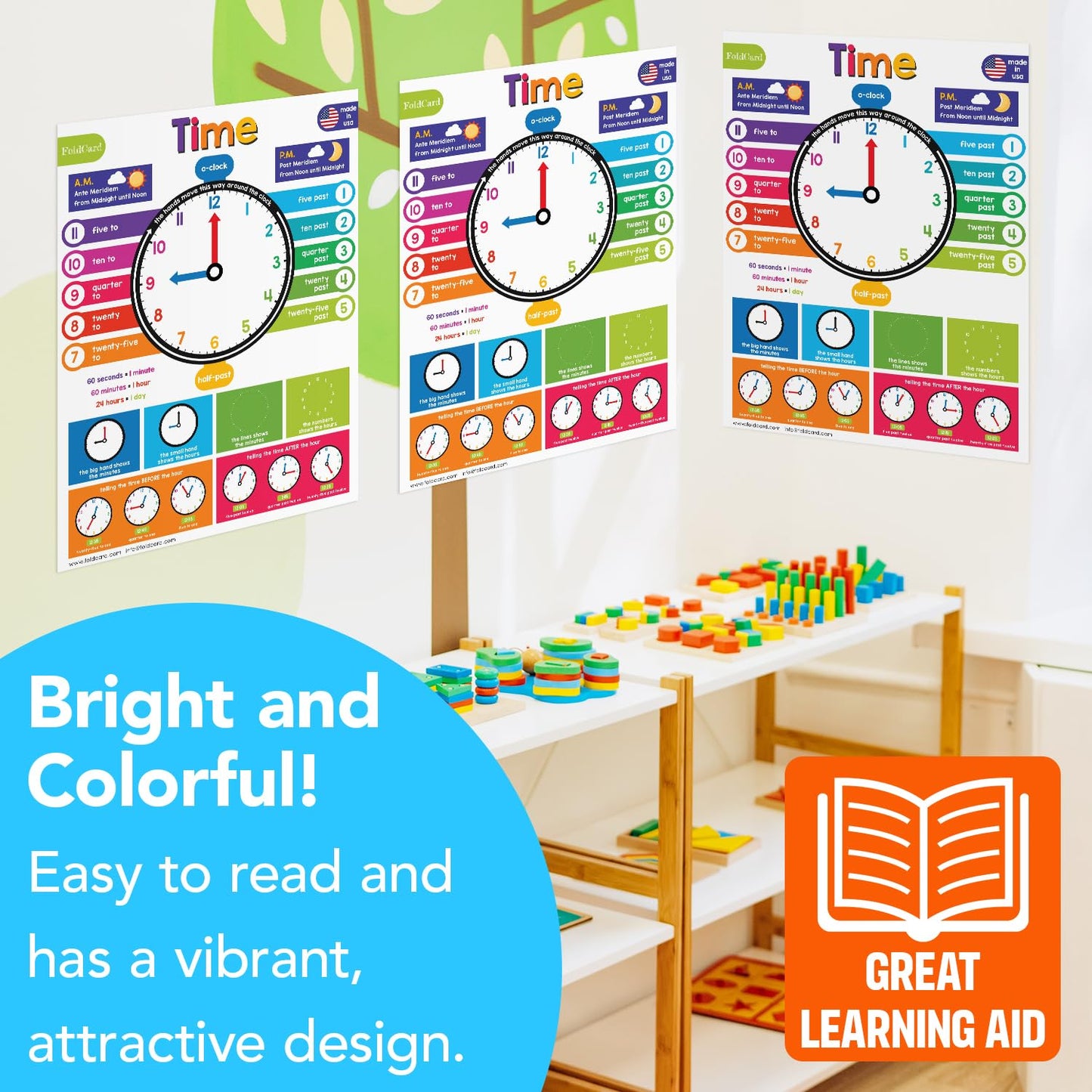 Time Chart for Preschool to Grade 1 Kids – Learn How to Tell the Time – Colorful Educational Visual/Learning Aid Poster for Classroom or Home | Glossy Durable Cardstock | 8.5" x 11" | 5 per Pack