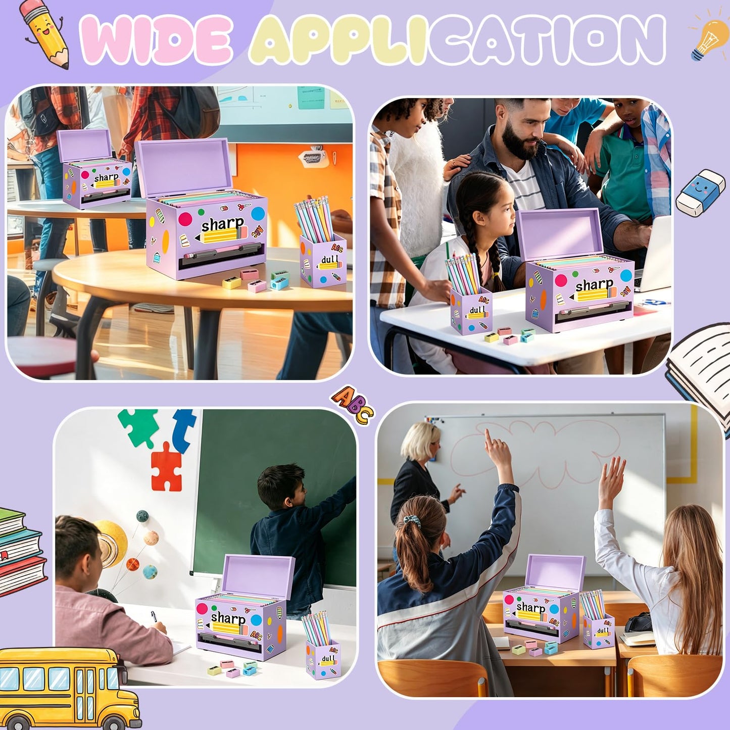 Watersay 108 Pcs Pencil Dispenser Kit for Classroom Wooden Sharp and Dull Pencil Holder 50 Pencils 50 Sharpener 6 Sticker Classroom Teacher Must Have Straw Dispenser for Back to School(Purple)