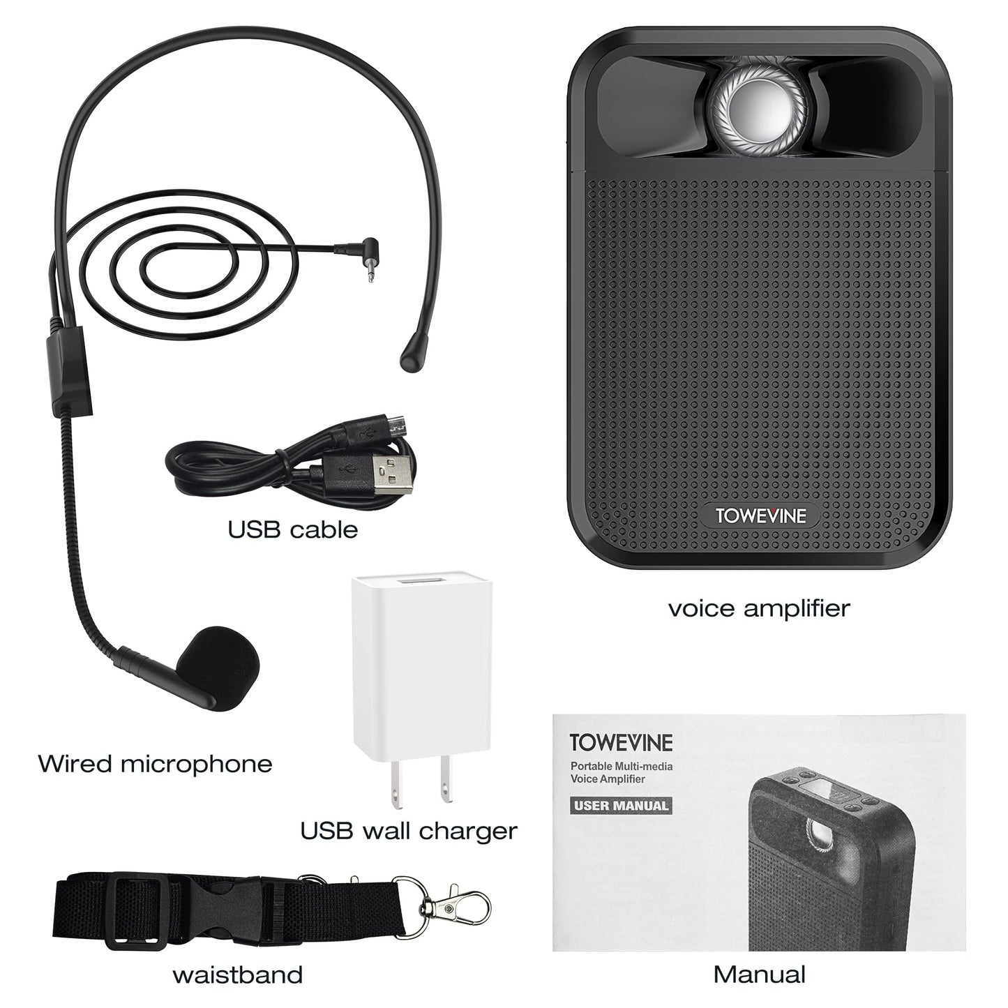 Portable Voice Amplifier, Towevine Rechargeable Microphone for Teachers, Speaker with Headset and Waistband for Classroom, Singing, Coach, Training, Presentation, Tour Guide