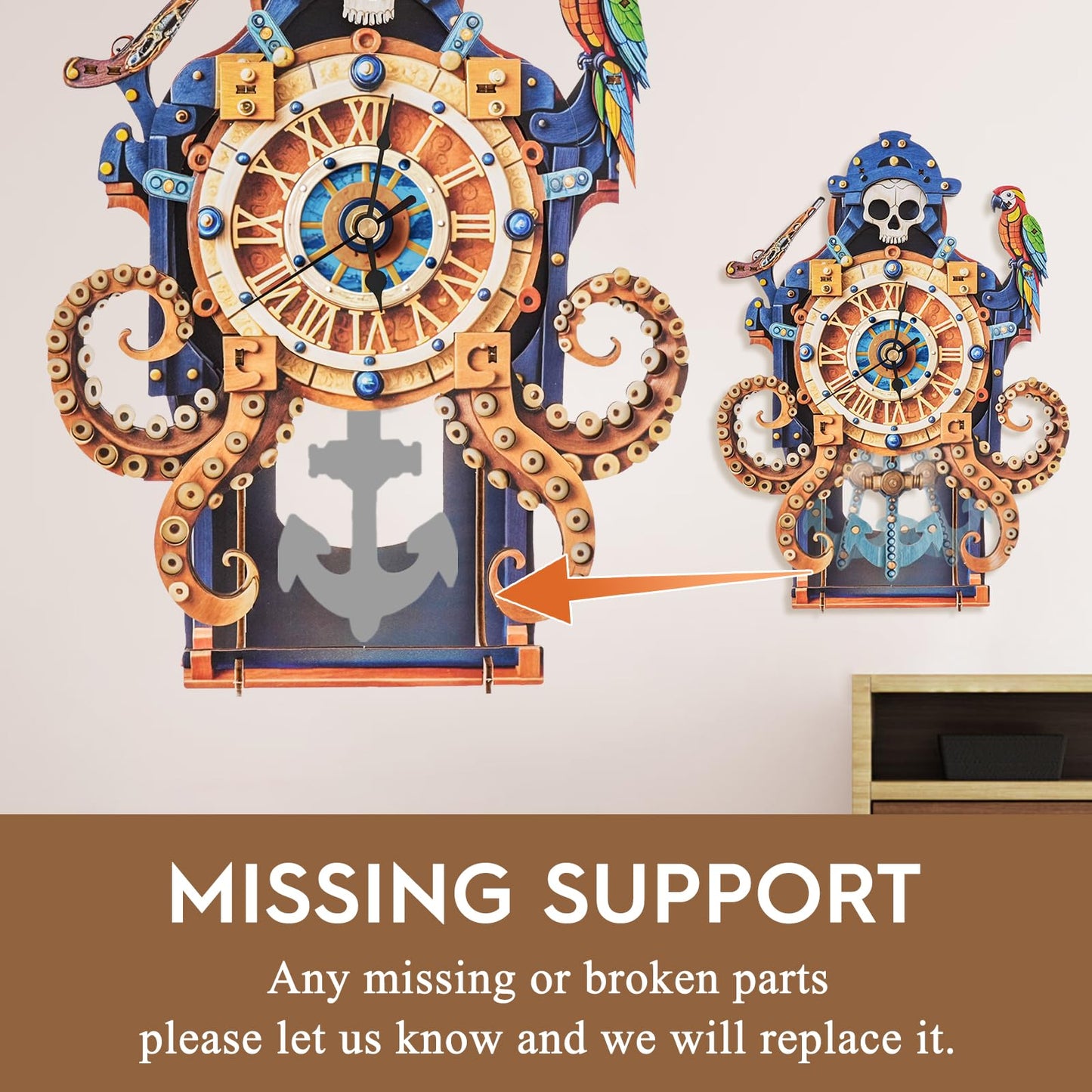 3D Puzzles for Adults Wooden Clock-Octopus Pirate Model Kit, Mechanical DIY Pendulum Clock with Roman Numerals-Home Wall Decor, Birthday Christmas Day Gift for DIY Lovers