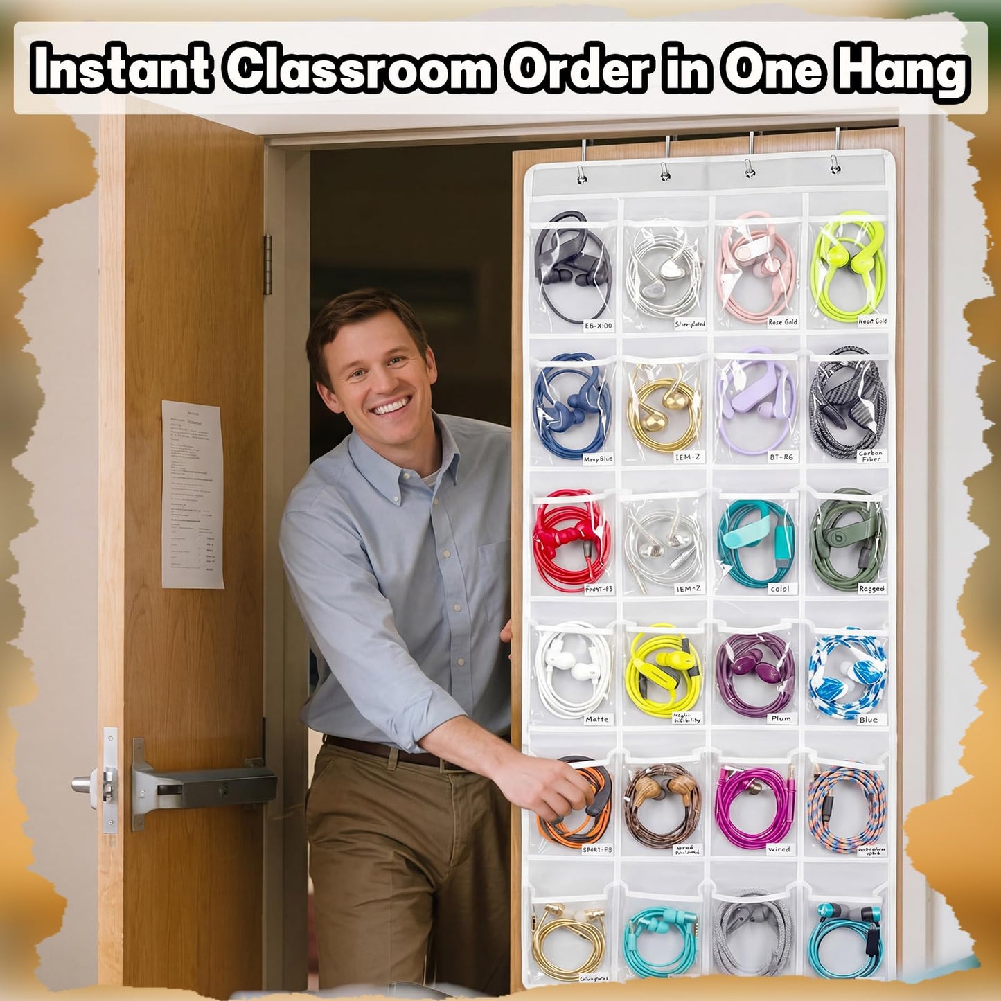 Maasechs Classroom Headphone Storage Organizer 24 PVC Clear Over The Door Hanging Classroom Headphone Holder Pocket with 4 Hooks for School Library(White)