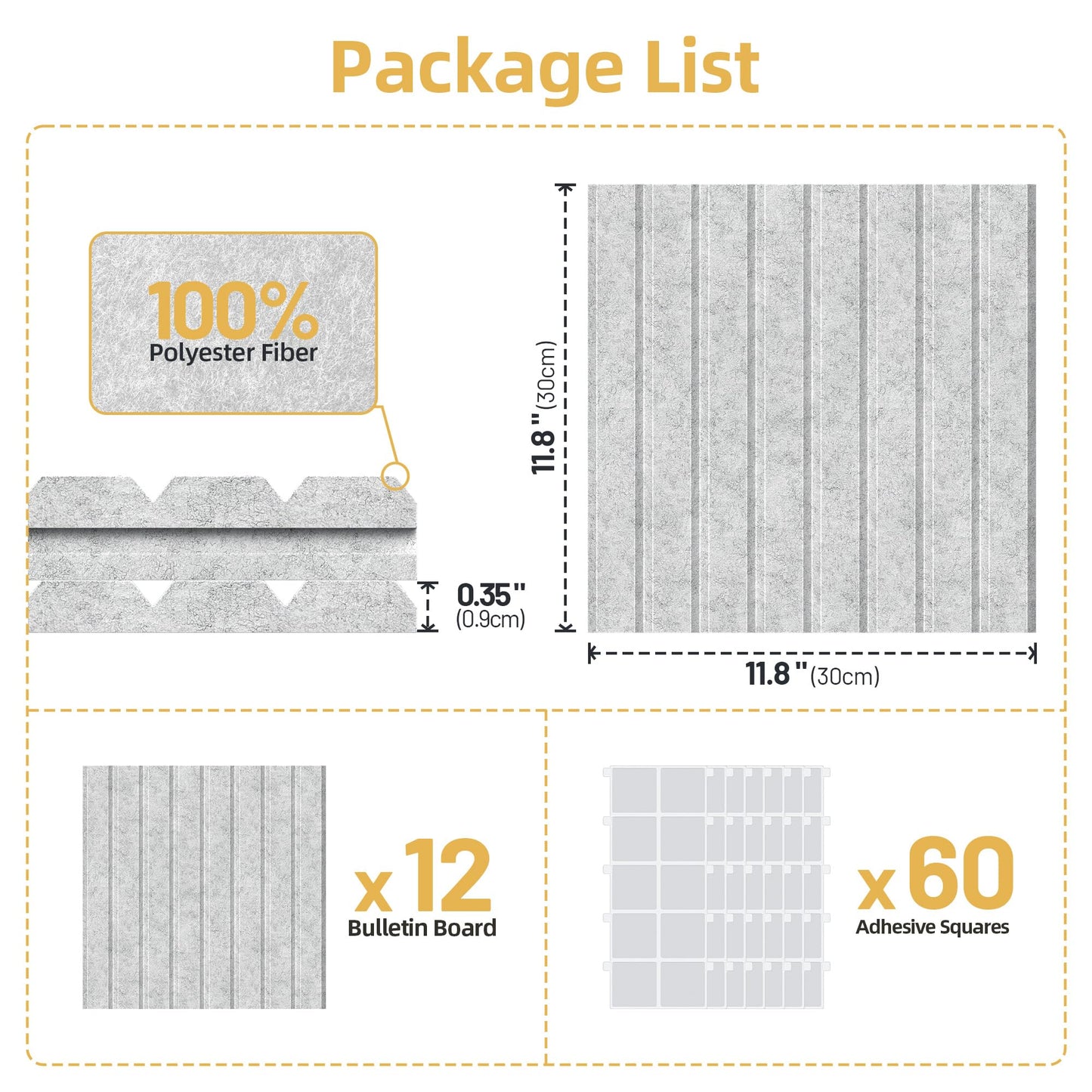 Large Cork Board for Wall 36" x 48" Gray Bulletin Board with Safe Removable Adhesive Squares for Pictures Photos, Alternative CorkBoard Felt Pin Boards Tiles for Office Classroom Wall Decor - 12 Pack