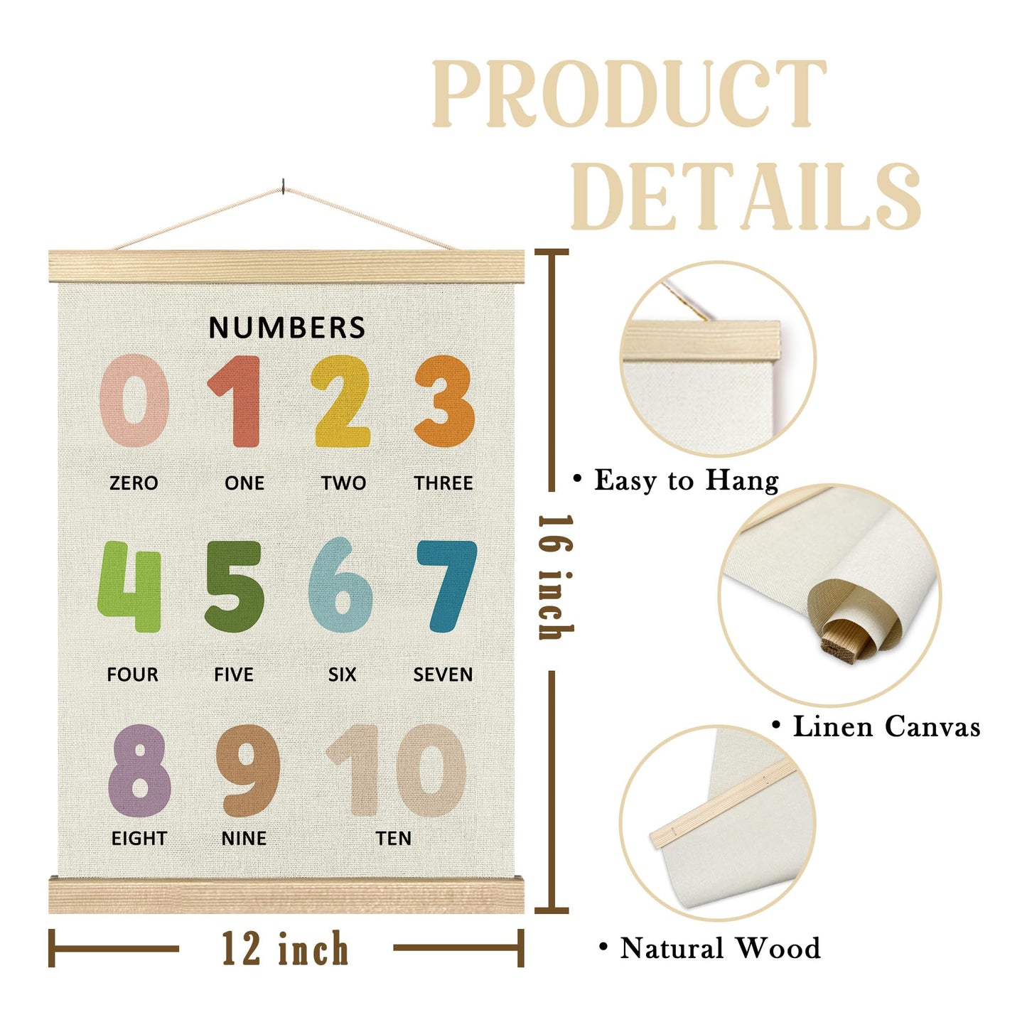 BCUANGD Classroom Wall Decor - Toddlers Kids Numbers Poster Hanger with Wood Frames Set of 2, Neutral Educational Wall Hanging Canvas Decor for Kids Room Nursery Home, 12x16 Inches