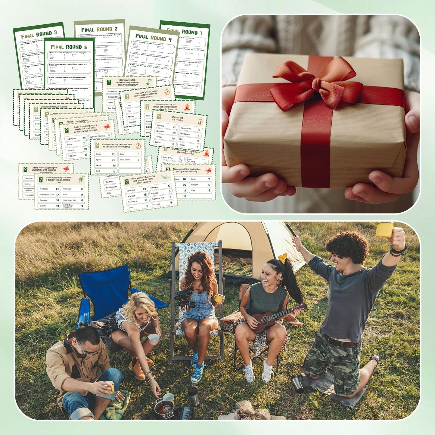 Humyoun 30 Pcs Camping Friendly Feud Game Set Camping Party Game Trivia Quiz with 18 Card 2 Buzzer for Adults Family Games Activities Party Supplies, Battery Not Included