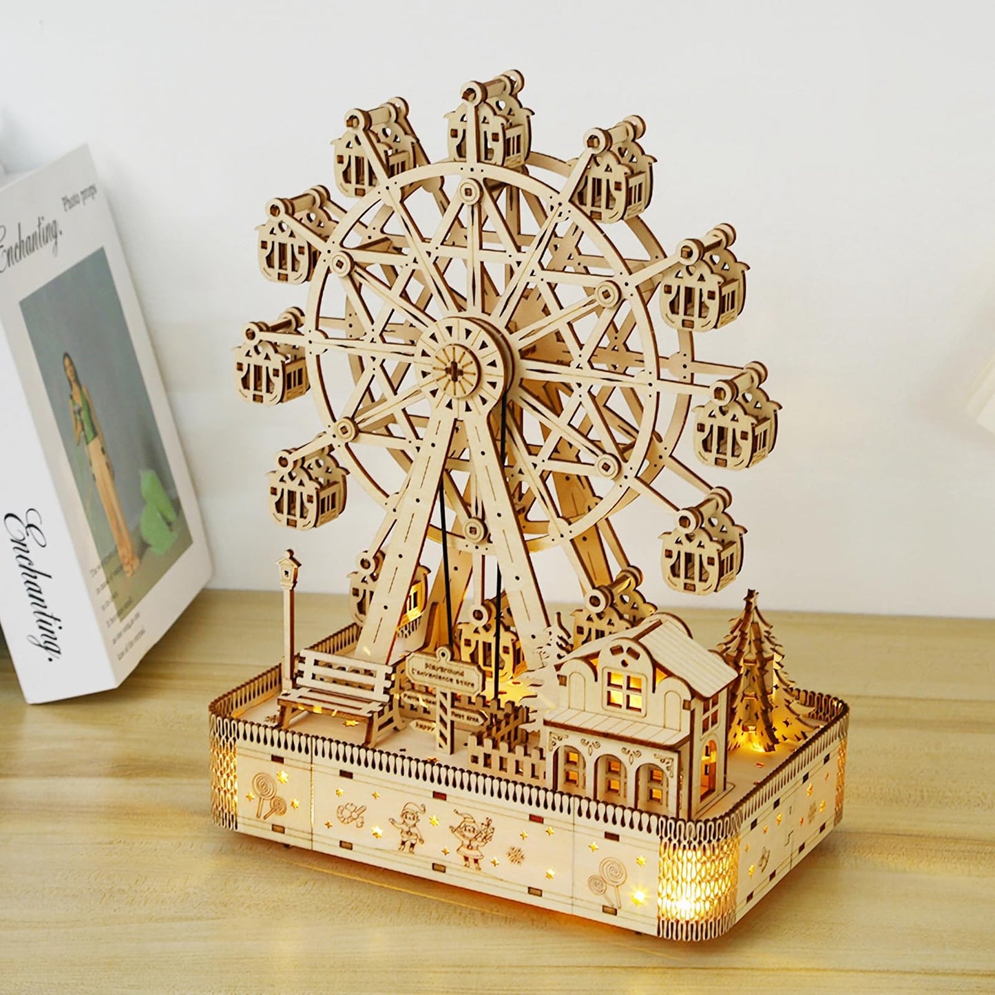 Foyucool Wooden 3D Puzzle for Adults - DIY Ferris Wheel Model Kit with Music Box & LED Lights, Mechanical Assembly Building Set, Creative Craft Gift for Friends and Family, Age 14+