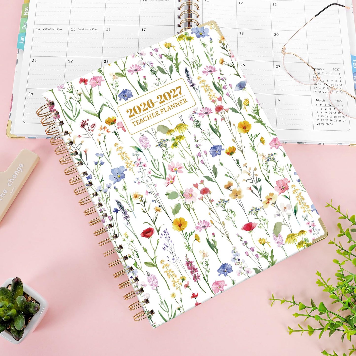 SKYDUE Teacher Planner 2026-2027 Academic Year, 8.5" x 11" Deluxe Teacher Lesson Planner with Monthly Tabs & Stickers, Lesson Plan Book 26-27, FloralA