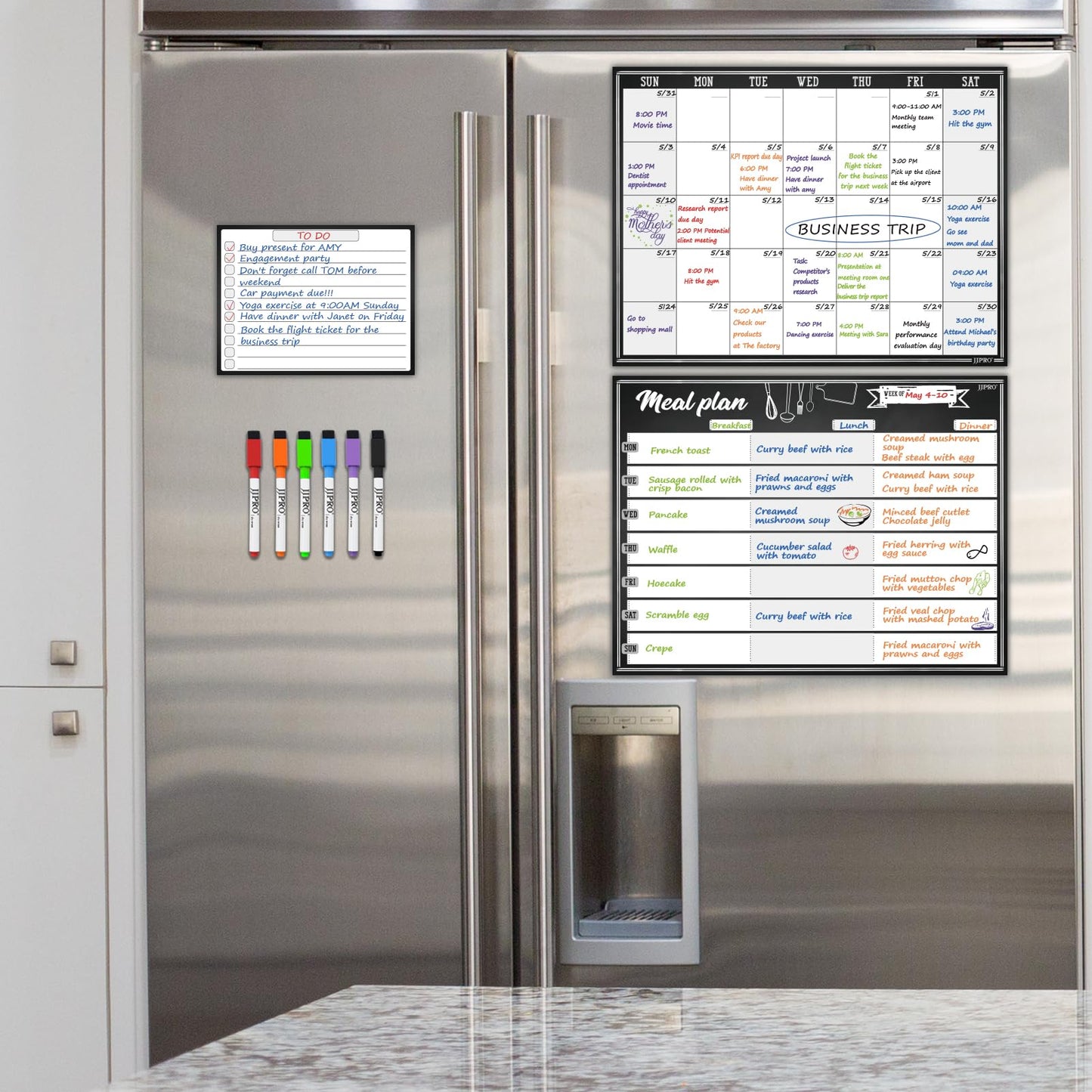 JJPRO Magnetic Monthly Calendar and Meal Planning Board Set for Fridge-Dry Erase Monthly Calendar for Refrigerator, Menu Whiteboard -Bonus to-do Notepad