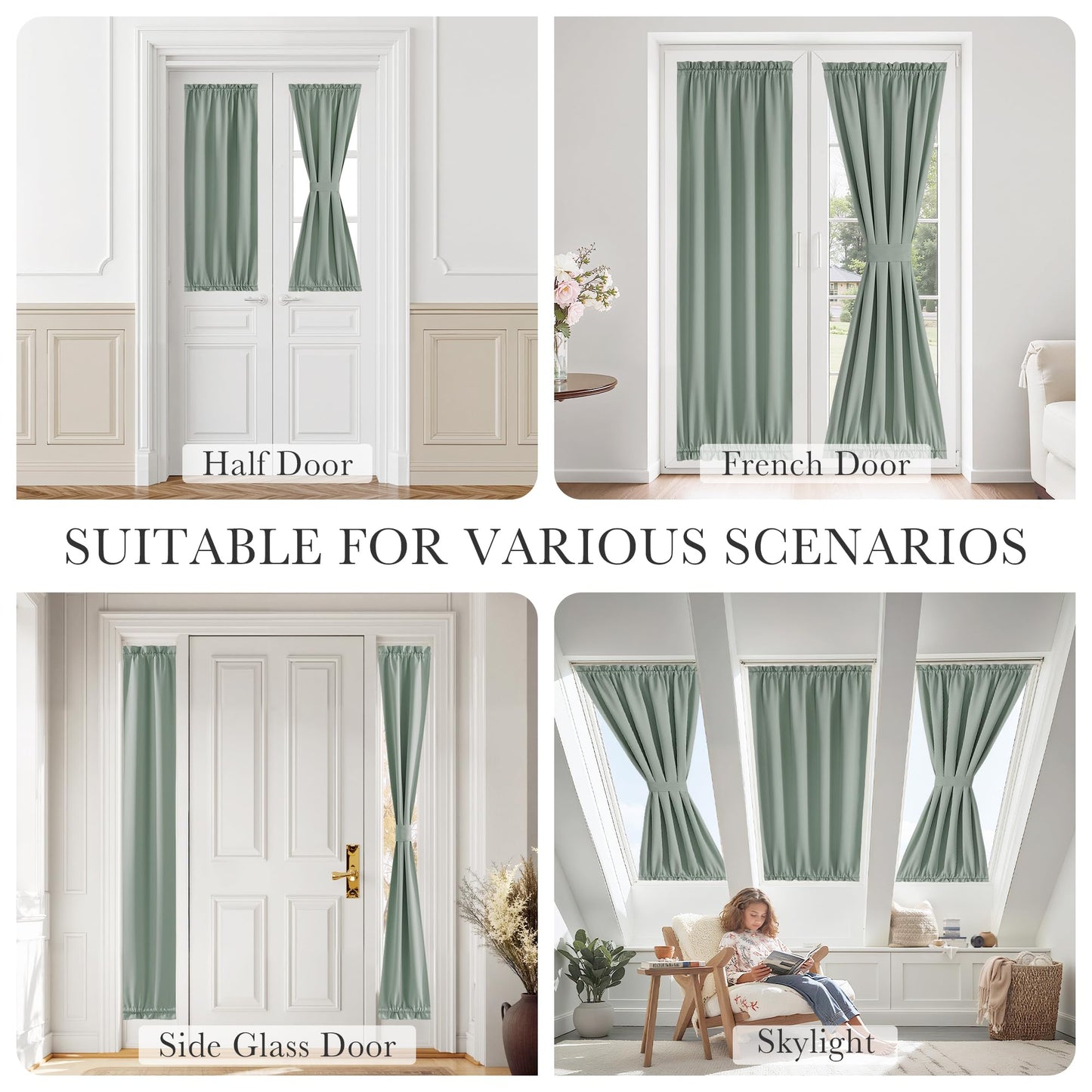 PONY DANCE Sage Green Back Door Curtains for Door Window, 100% Blackout Dual Rod Pocket Privacy French Curtain for Kitchen, Thermal Insulated Small Window Drapes for Classroom, W25 x L40, 1 Panel