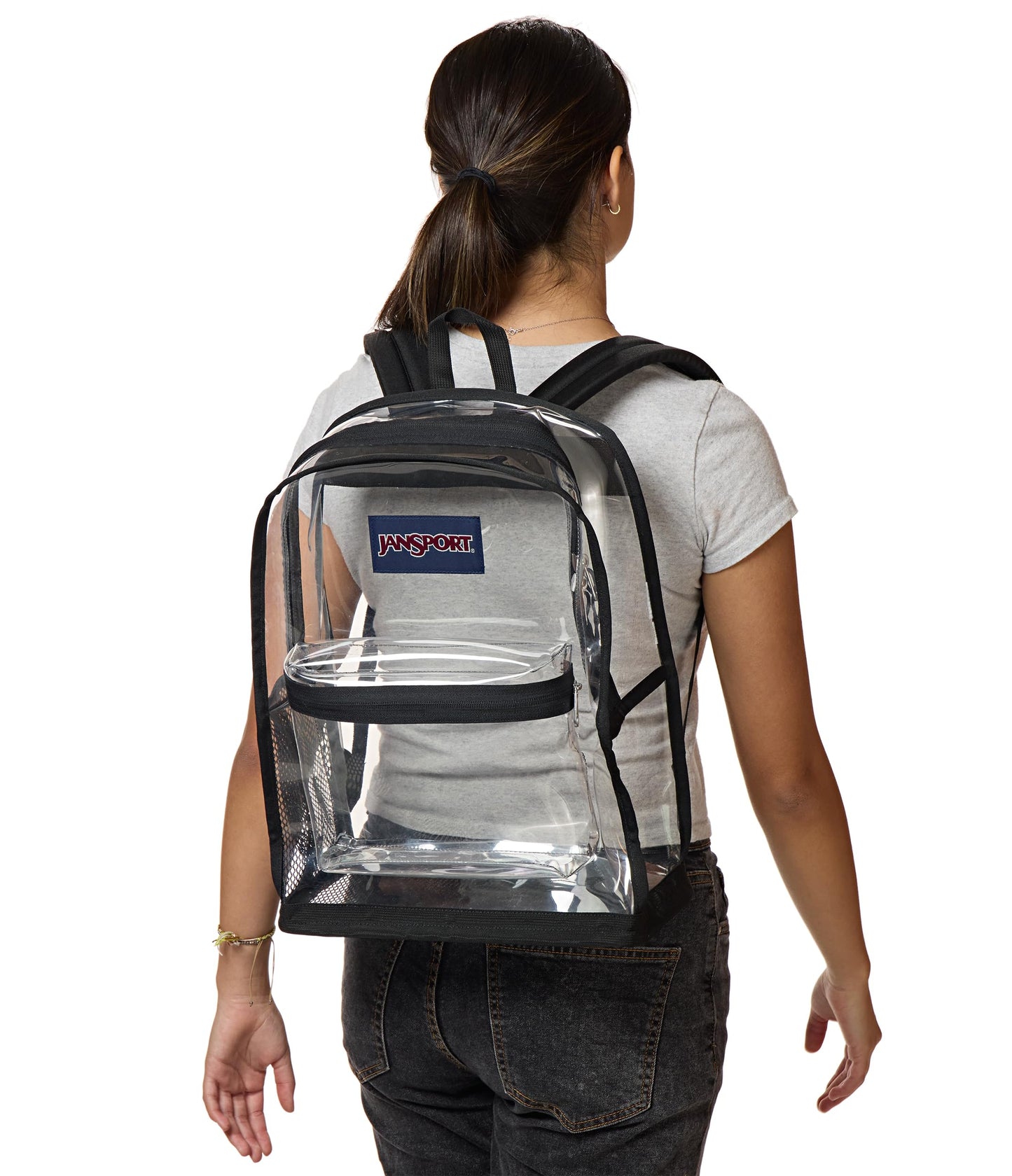 JanSport Clear Pack – 25.5L Transparent Backpack, Large Main Compartment, Side Water Bottle Pocket, Front Zippered Pocket, Mesh Bottom Panel, Clear