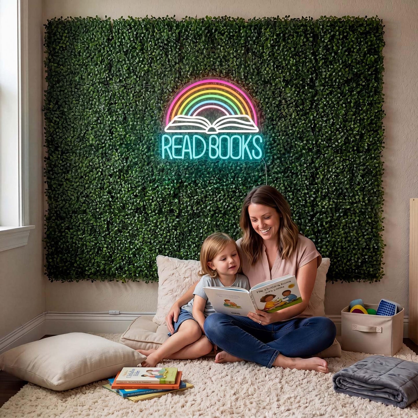 Fumete 13 Pcs Classroom Reading Corner Calming Corner Decor 10 x 10" Artificial Grass Wall Panels with Read Books Neon Sign Classroom Greenery Wall Decoration for Home School Party Supplies