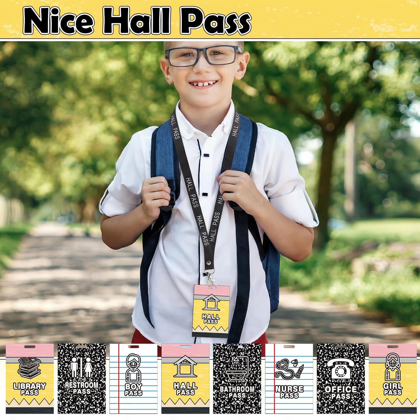 Fuyoooo 16 Set Pencil Hall Pass Lanyards Unbreakable PVC Composition Notebook Classroom Passes with Lanyards Bathroom Boy Girl Library Hall Office Nurse Pass 2.4 x 3.5