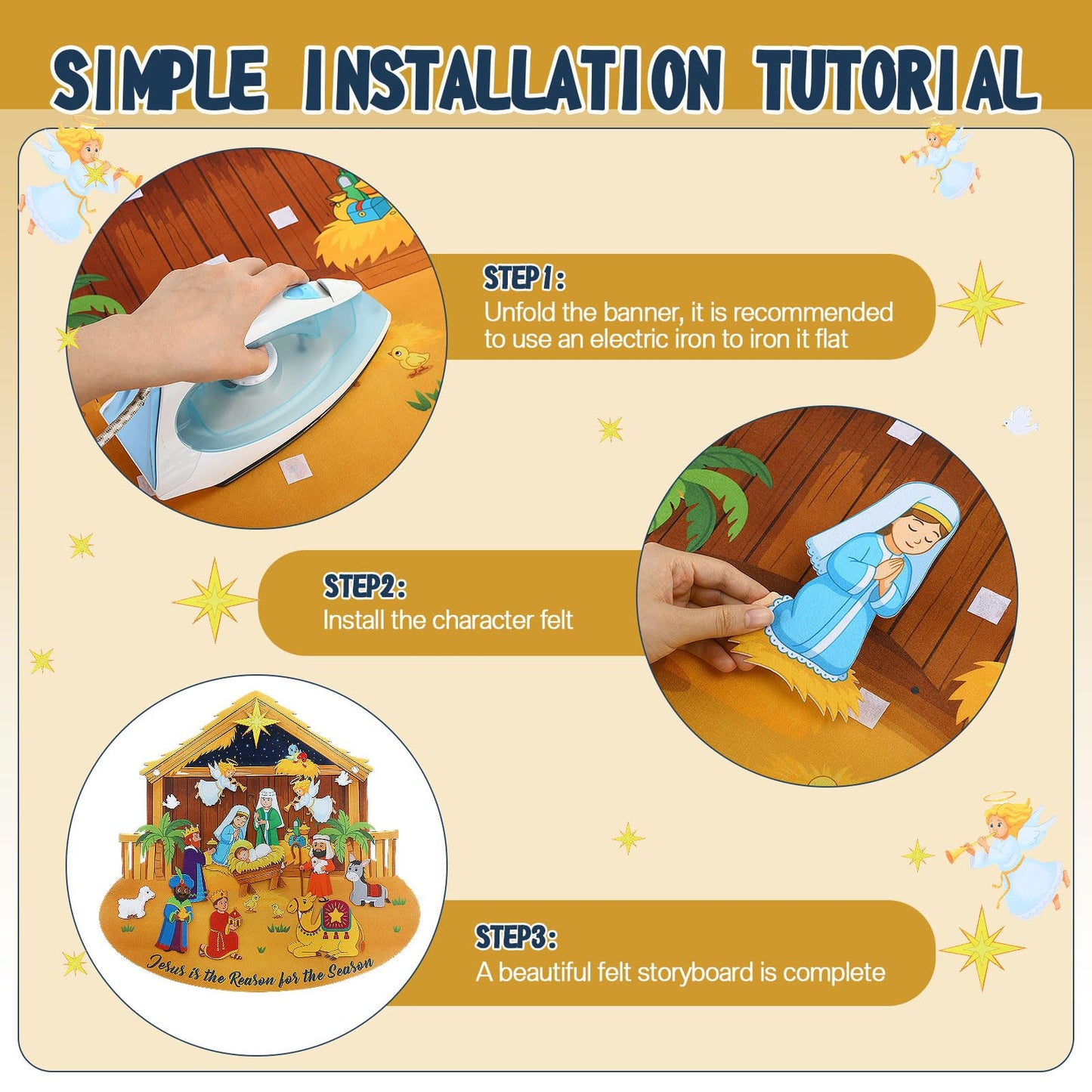 Tiamon Felt Christmas Tree Nativity Story Board Set Advent DIY Religious Nativity Scene with 16 Pcs Detachable Wall Ornaments Felt Board Craft Gift for Door Wall Decor