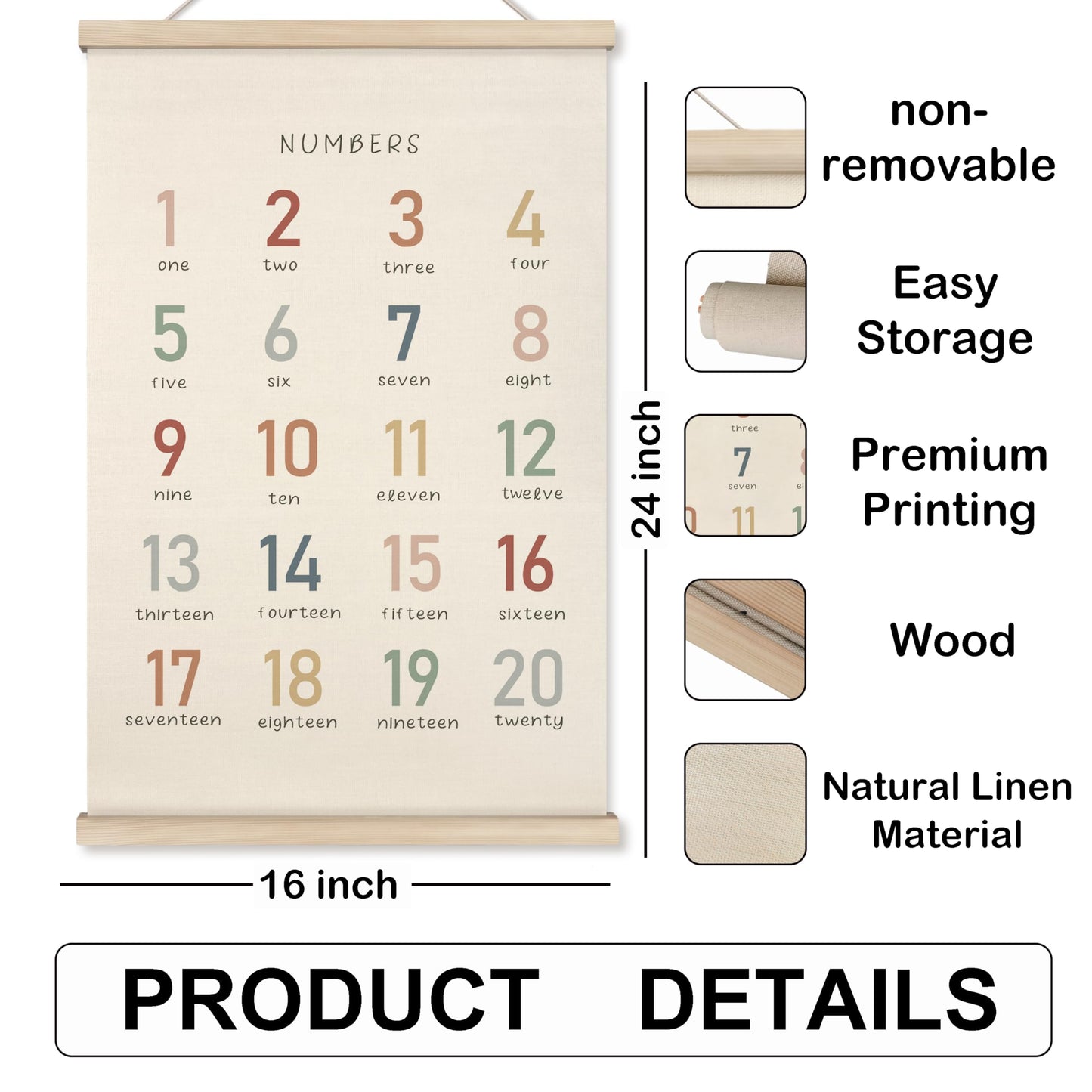 HRQKO Boho Numbers Alphabet Poster Hanger Frame, Nursery Wall Decor, Boho Learning Poster Wall Art with Wooden Frames, Numbers Banner Wall Hanging Decor for Boys Nursery Toddler Playroom, 16x24 inch