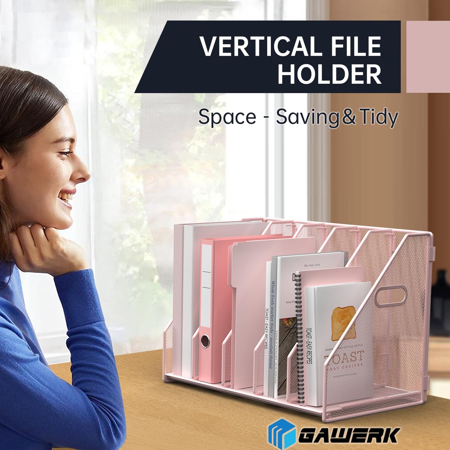 MINDEPOT Desk File Organizer Metal Desk Magazine Folder Holder with 5 Vertical Compartments Rack File Organizer for Office, Home, School (Pink)