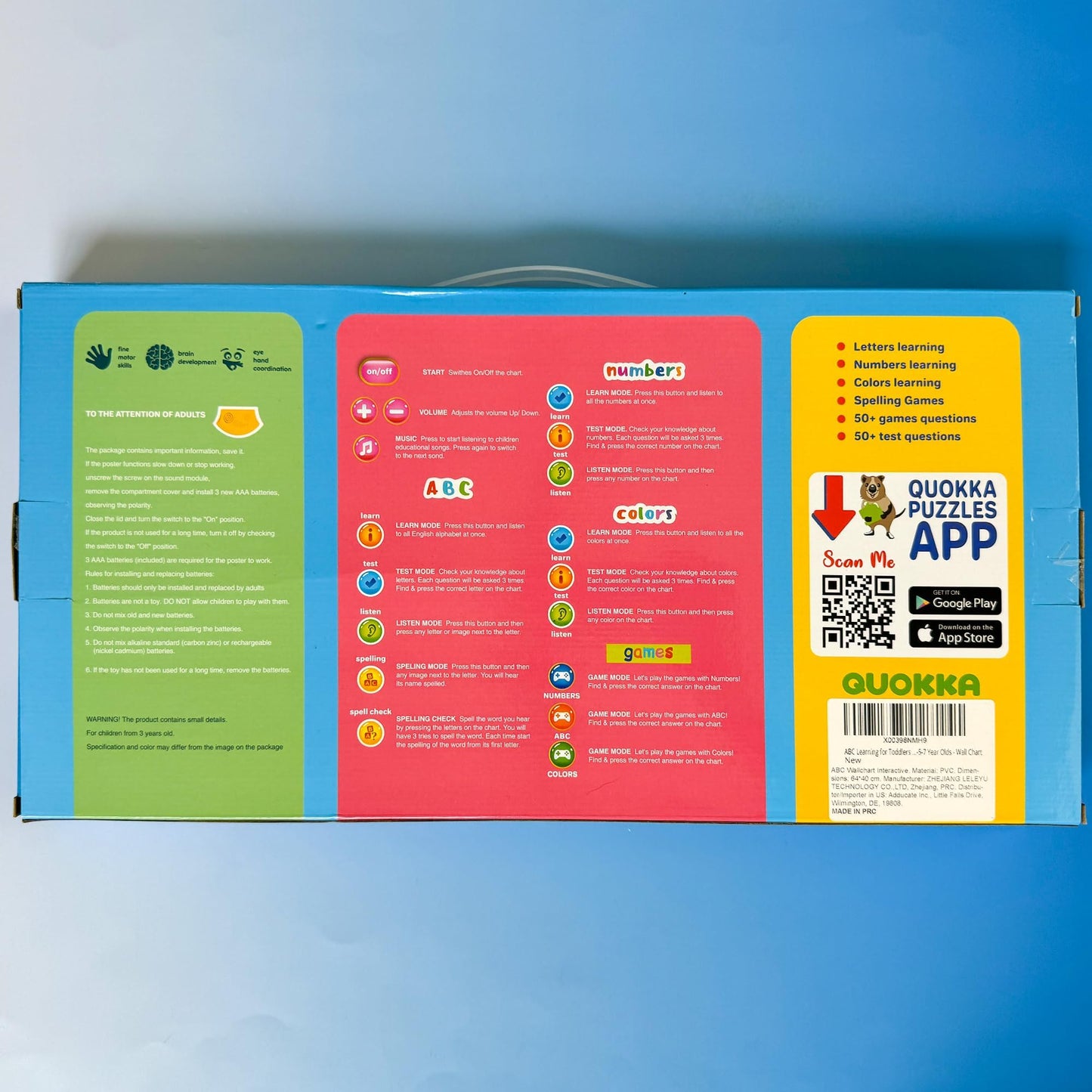 QUOKKA Educational Toys for Kids 5-7 Year Old - Blue ABC Chart Learning Wall Chart for Toddlers Age 3 4 6+ - Interactive Speech Therapy Poster Boy Girl - Autism Puzzle Game 8-10-12