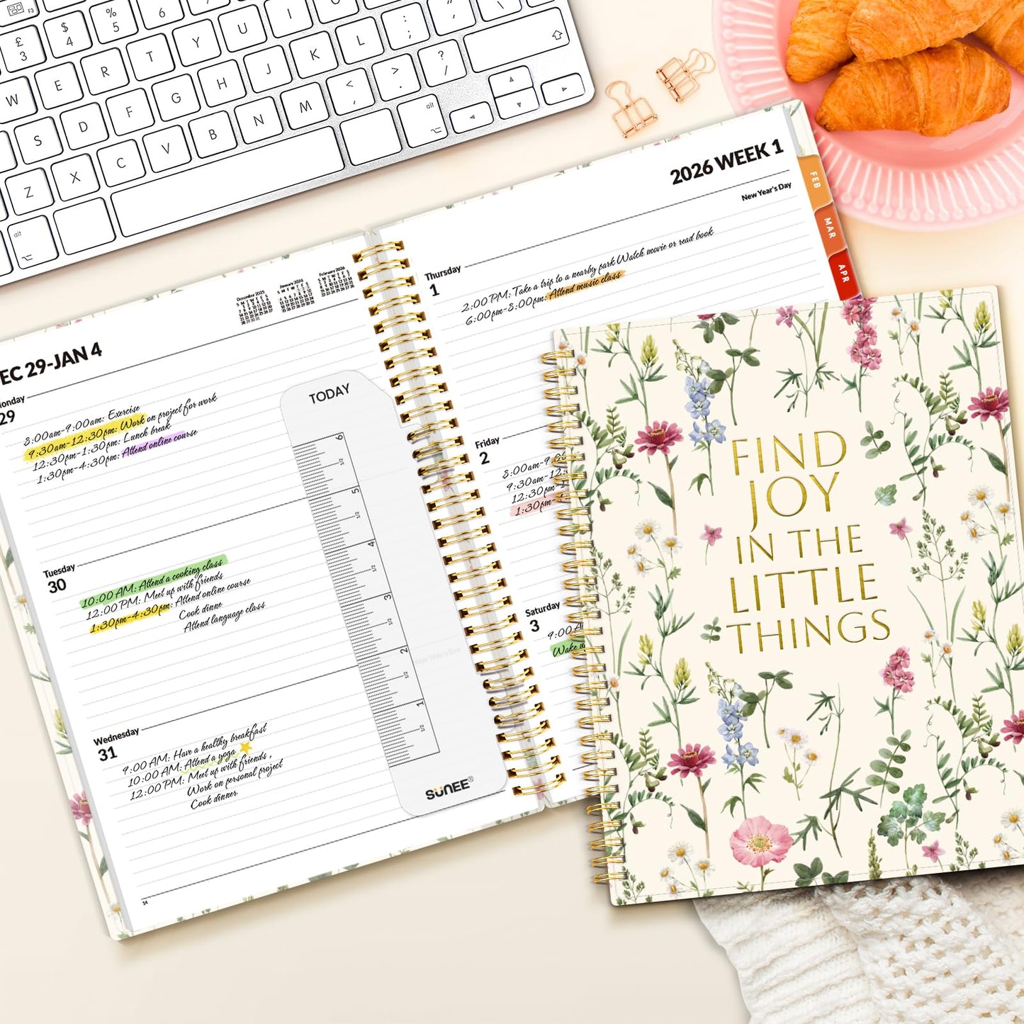 SUNEE 2026 Weekly and Monthly Planner - from January 2026 - December 2026, Daily Agenda Planner with Monthly Tab, Flexible Cover, Note Pages, Pockets, Bookmark, Spiral Binding, Wildflowers, 8.5"x11"