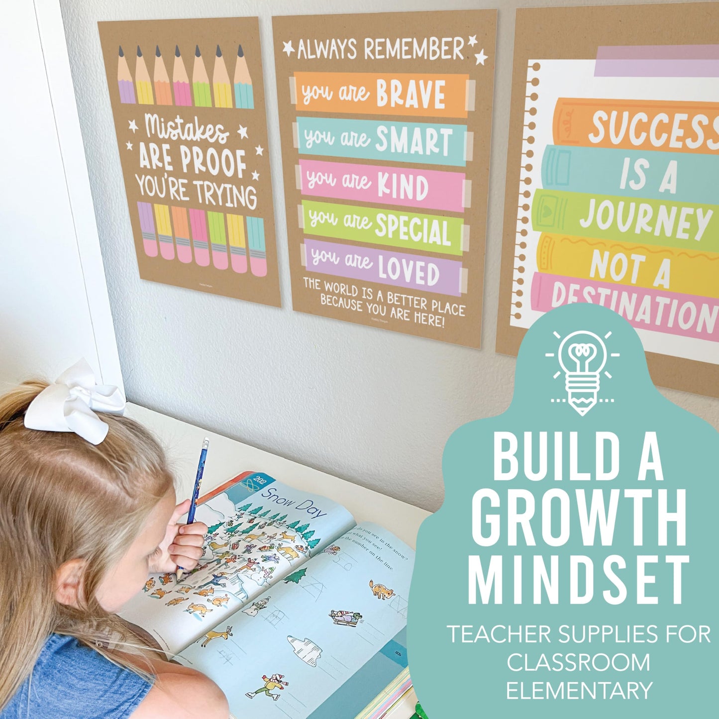Hadley Designs Motivational Poster for Classroom Decor - 9 Growth Mindset Classroom Posters Elementary, Inspirational Wall Decor Middle School, Teacher Must Haves, Kraft Bulletin Board Decorations