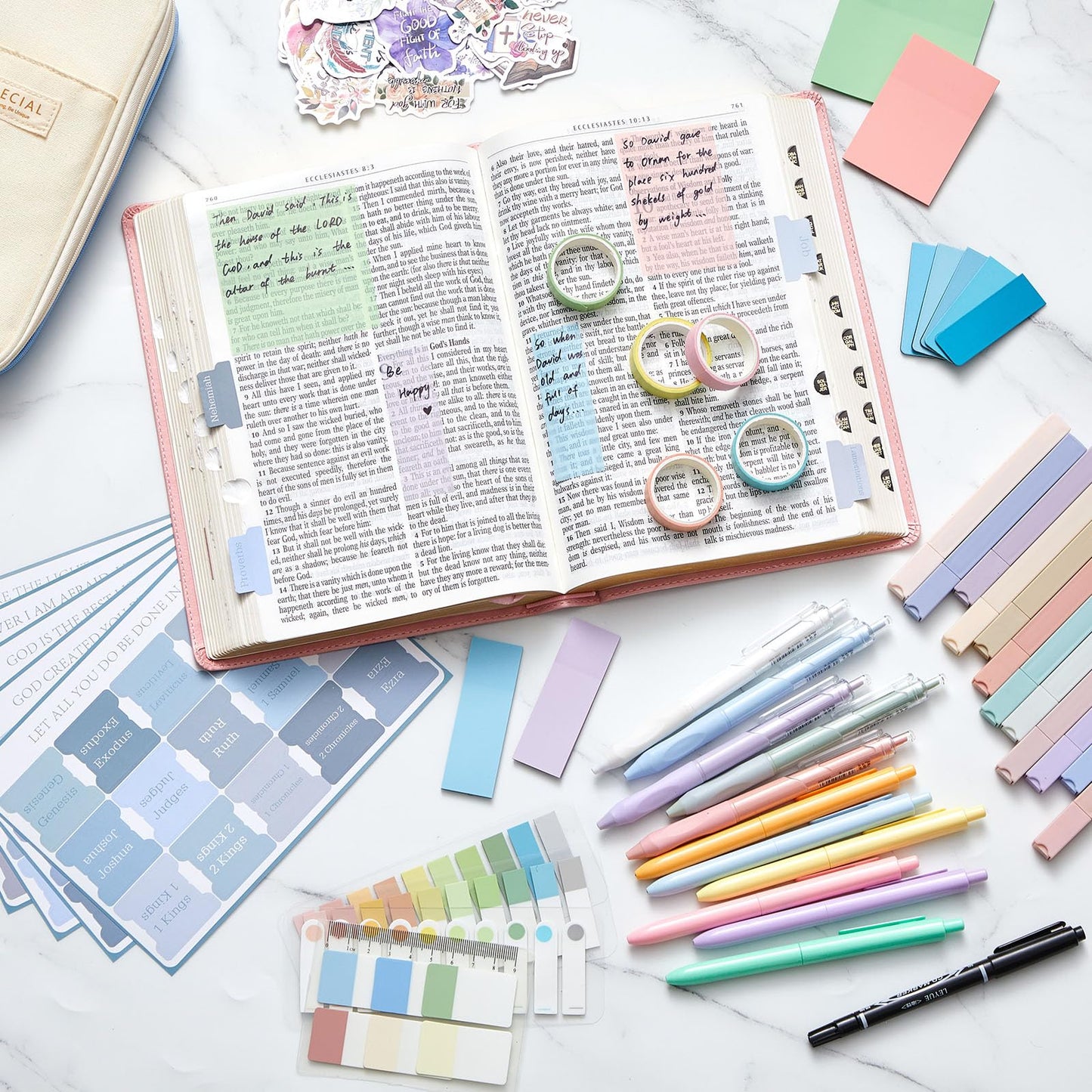 98 Pcs Bible Study Supplies, Bible Journaling Kit for Women, Aesthetic Study Kit with Pencil Case Book Annotation Aesthetic Highlighters Notes Gel Pens for Office Christian Gifts Christmas(Blue)