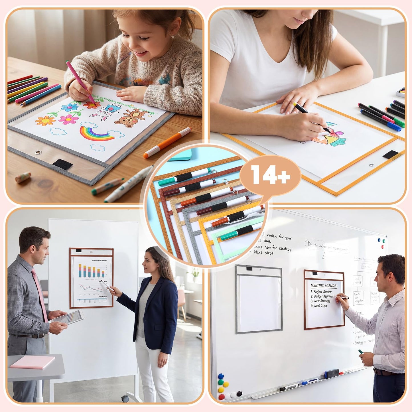Watersay 24 Pcs Dry Erase Pocket Reusable Sleeves 10" x 14" Clear Plastic Sheet Protectors with Markers and Mini Dry Erasers for Paper (Retro Boho)