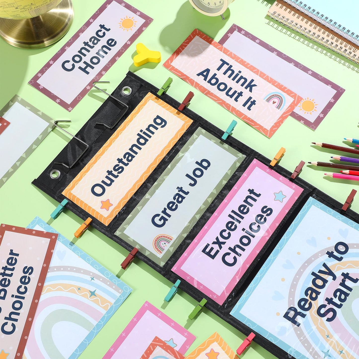 Pasimy 59 Pcs Student Behavior Clip Chart for Classroom Management Kids Track Reward Incentive Behavior Pocket Chart Boho Bulletin Board Teacher Supplies for School Office(Classic)