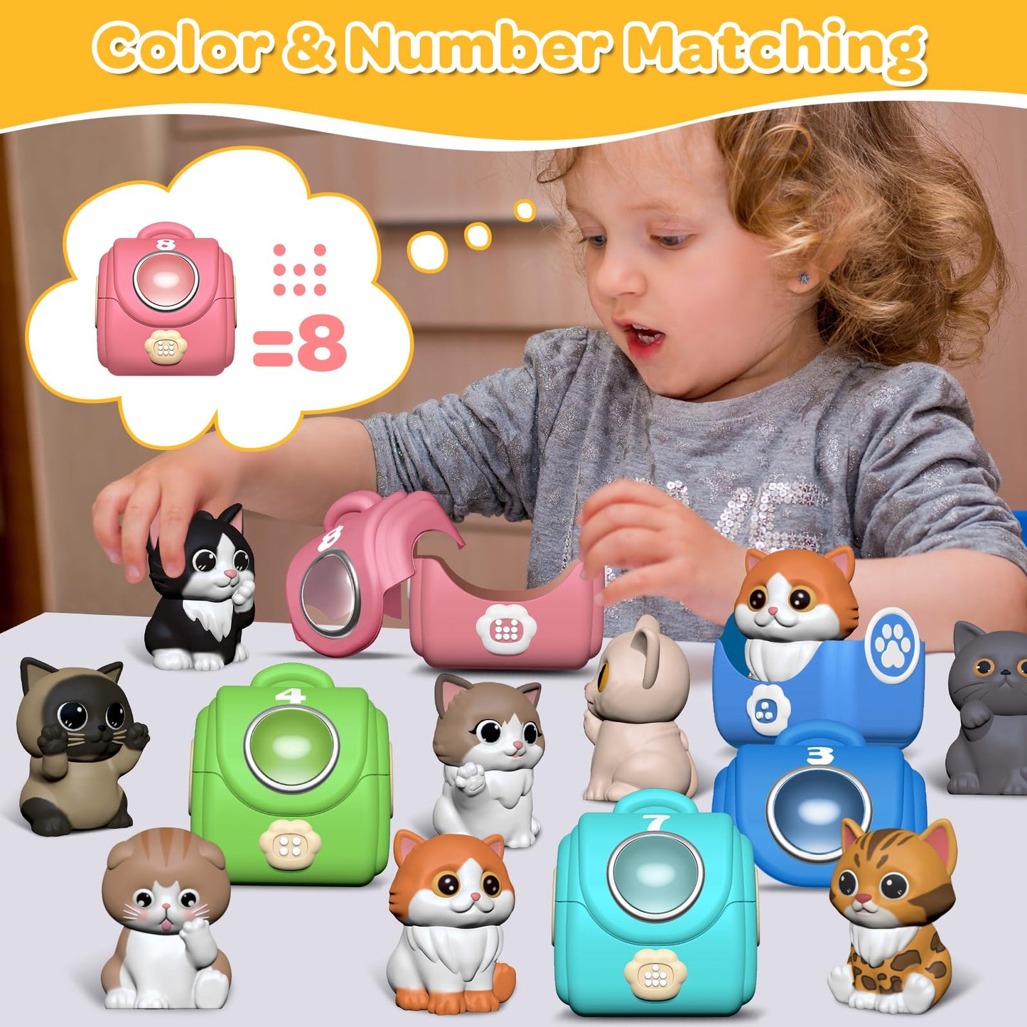 Letapapa Learning Toy for Toddlers 1 2 3 Year Old, 20 Pcs Cat Toys for Kids, Counting, Matching & Sorting Montessori Educational Sensory Toys, Christmas Birthday Easter Gift for Baby Boy Girl 1-3