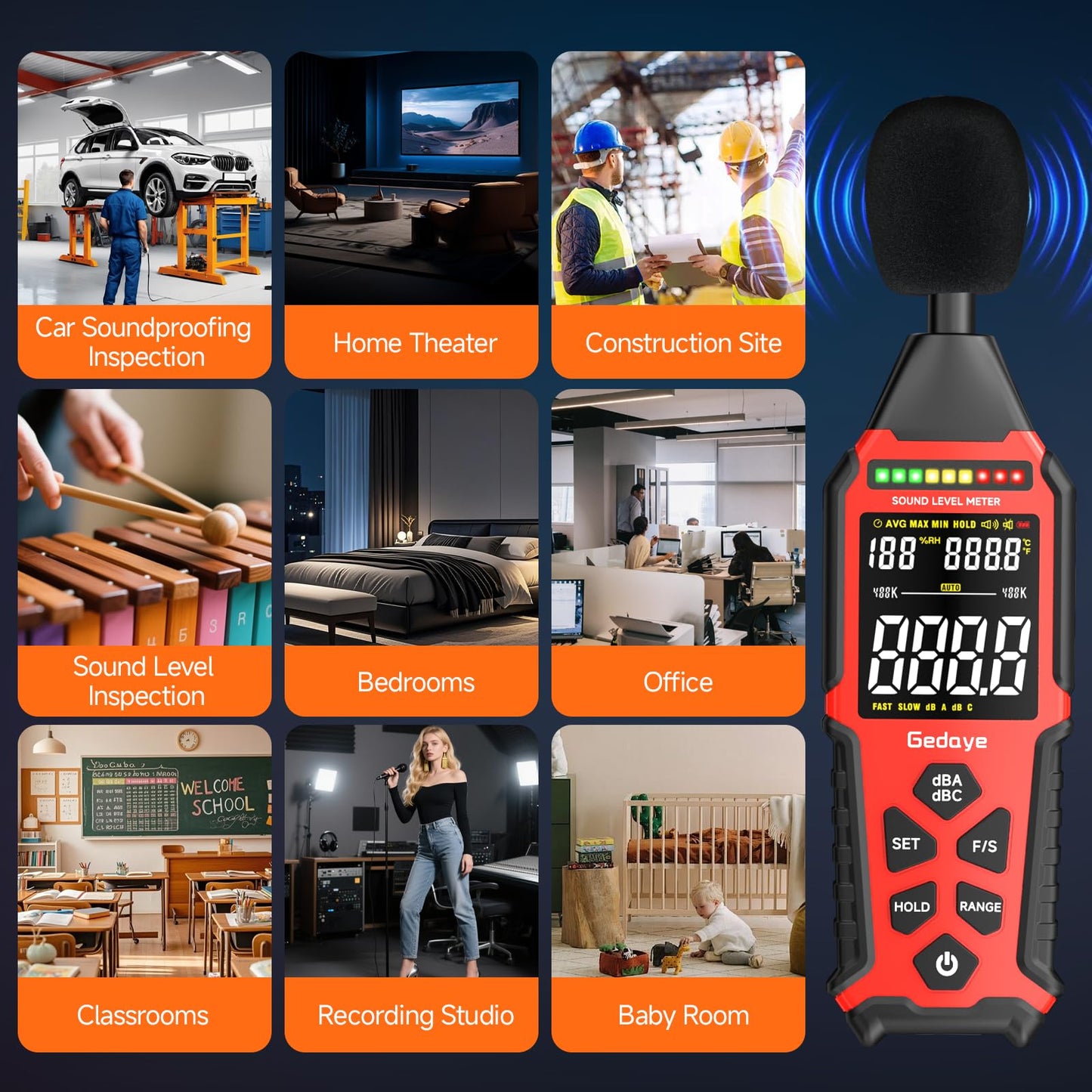 Power Supply Available Decibel Meter, Gedaye Sound Level Meter, A/C Weighted SPL Meter, Noise Measure Device 30-130dB, Noise Detector Sound Monitor Decibel Reader Classroom Factory Noisy Neighbor
