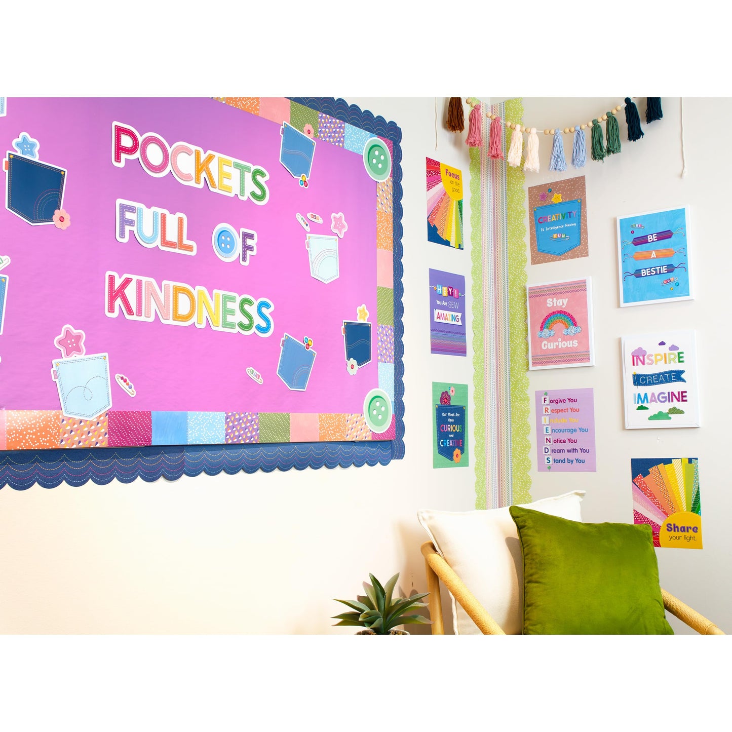 Carson Dellosa Crafty and Cool 58-Piece Pockets Full of Kindness Motivational Bulletin Board Set, Arts and Crafts Theme Growth Mindset Classroom Decor