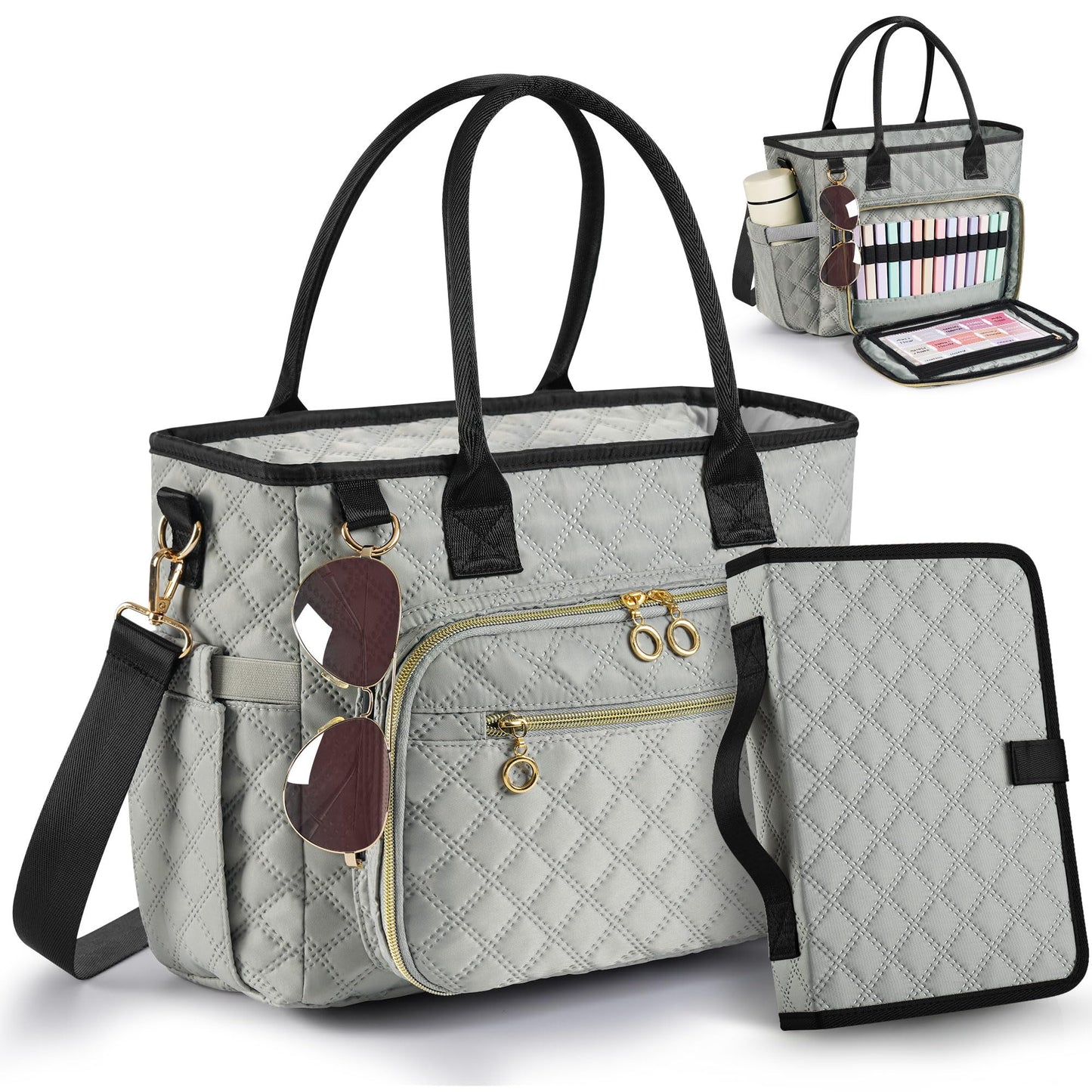 Derxizi Large Bible Bag with Bible Cover Case for Women, Quilted Church Tote Bags for Bible Study Supplies, Christian Gifts for Women (Gray)