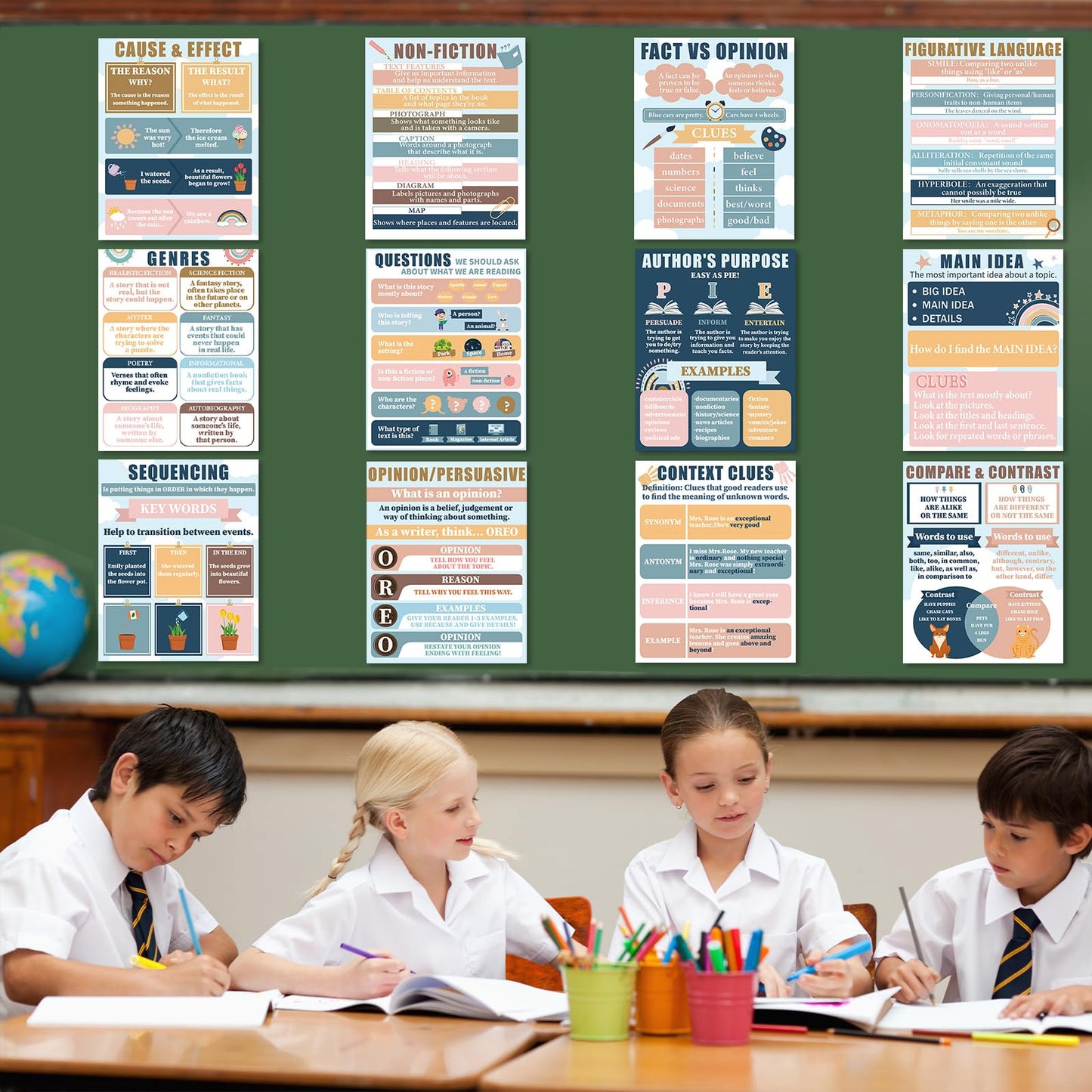 QOUBAI 12Pcs Reading Comprehension Classroom Posters Boho Rainbow English Language Arts Bulletin Board Chart Reading Corner Poster for Elementary Middle High School Wall Decor Classroom Must Haves