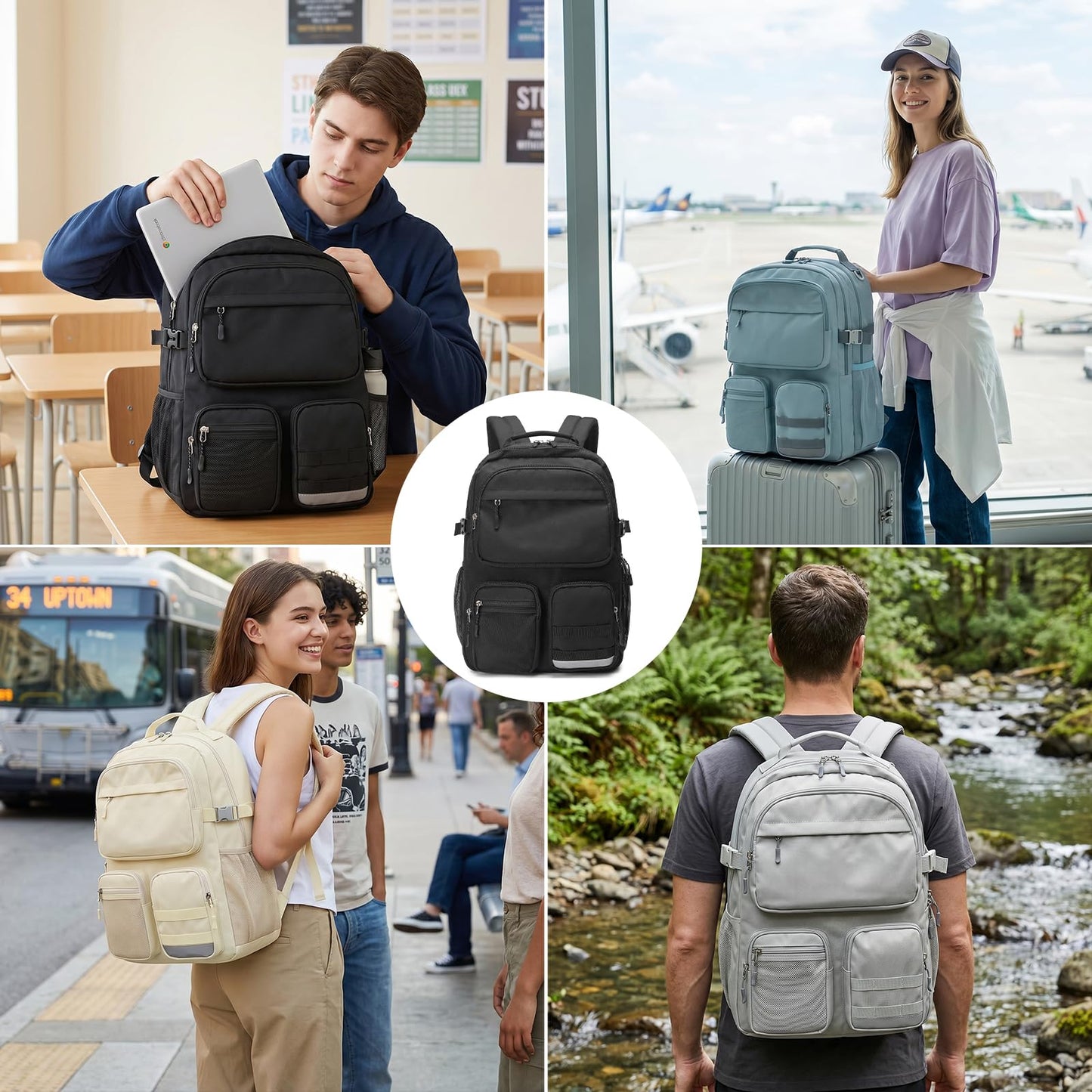 Lohol Water Resistant Backpack with Multifunctional Pockets for Teens, Durable Bookbag fits 15.6 inch Laptop for School Travel College, 25L (Black)