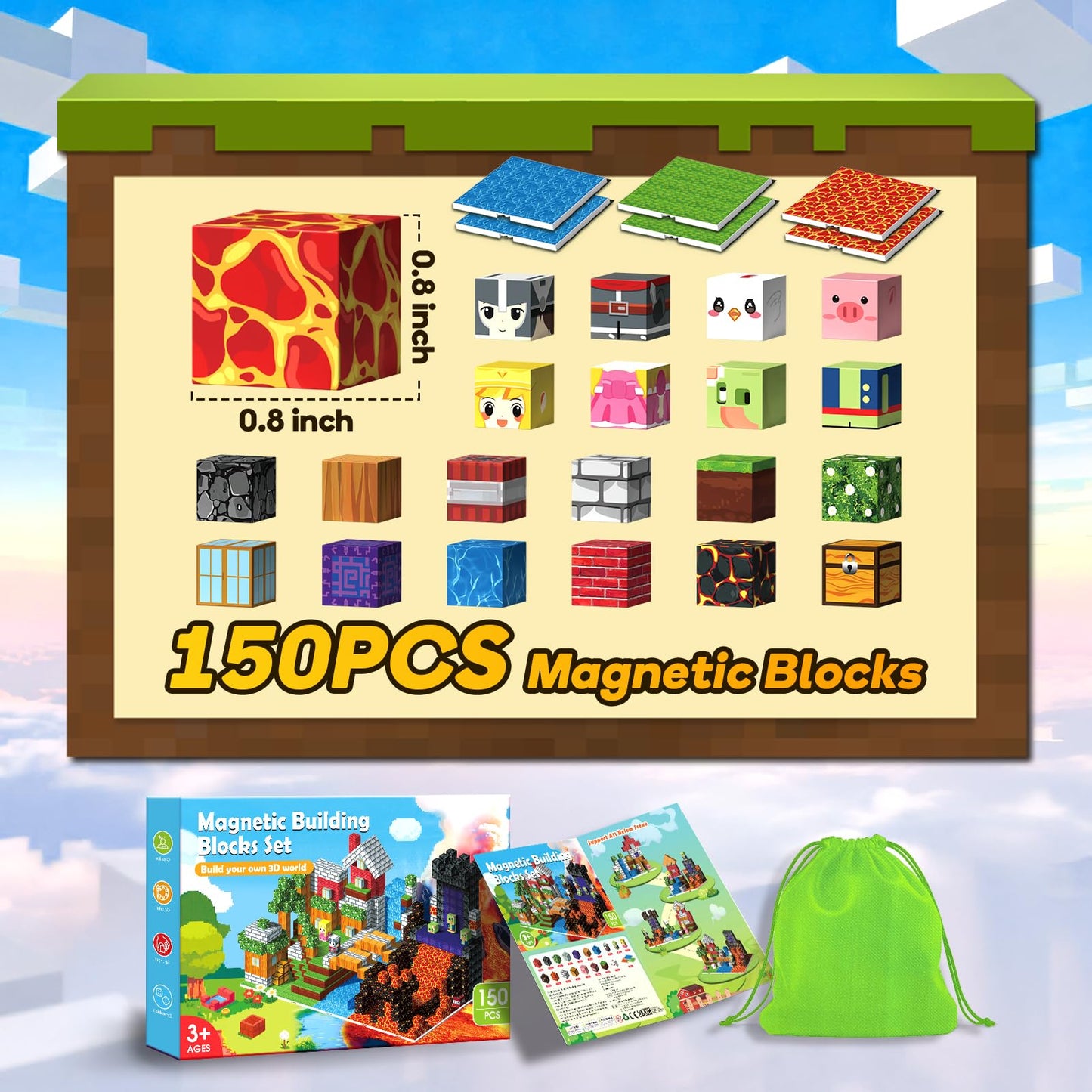 150PCS Magnetic Building Blocks - 6 Big Magnetic Base Building STEM Toys, Magnet Cube Game for Kids, Build Mine Castle Volcano World for Boys Girls Age 3-5 4-8 8-12, Sensory Outdoor Travel Toys Gifts