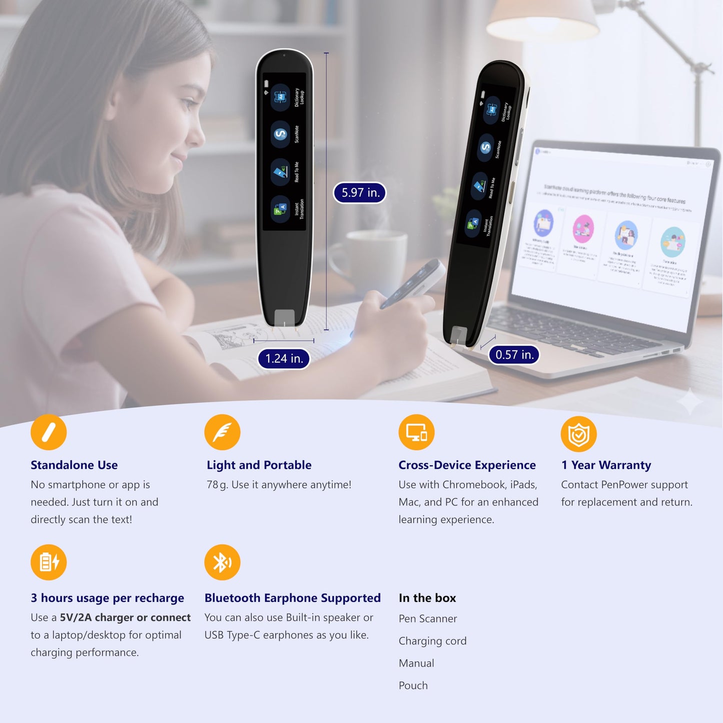 WorldPenScan AI Reader – Reading Pen with Built-in Dictionary & AI Reading Buddy for Kids | Grade-Level Reading Support | English, Spanish, Chinese | Text-to-Speech, Transcribe, Translation