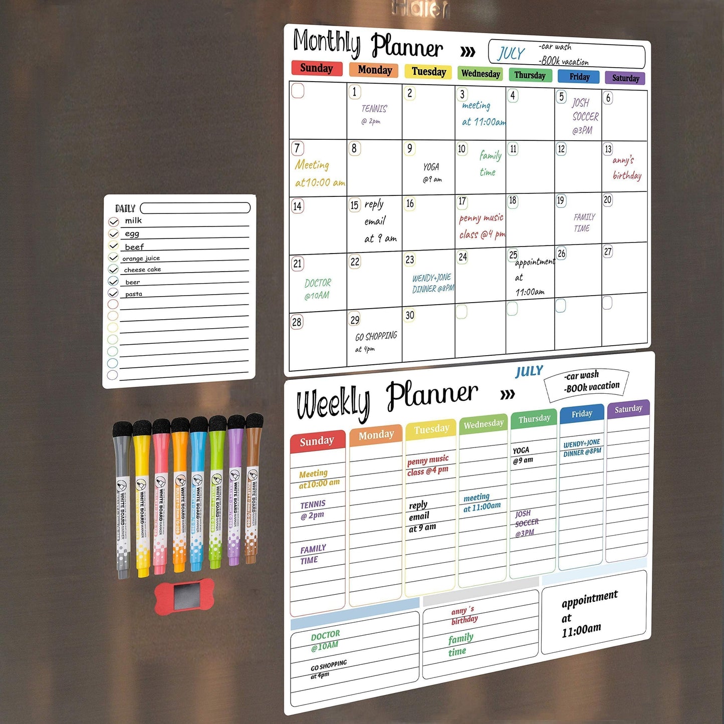 Hivillexun 3-Pack Magnetic Dry Erase Calendar Whiteboard Set for Fridge, Wall & Refrigerator Organisation – Monthly, Weekly & Daily Planners – Includes 8 Markers & Eraser