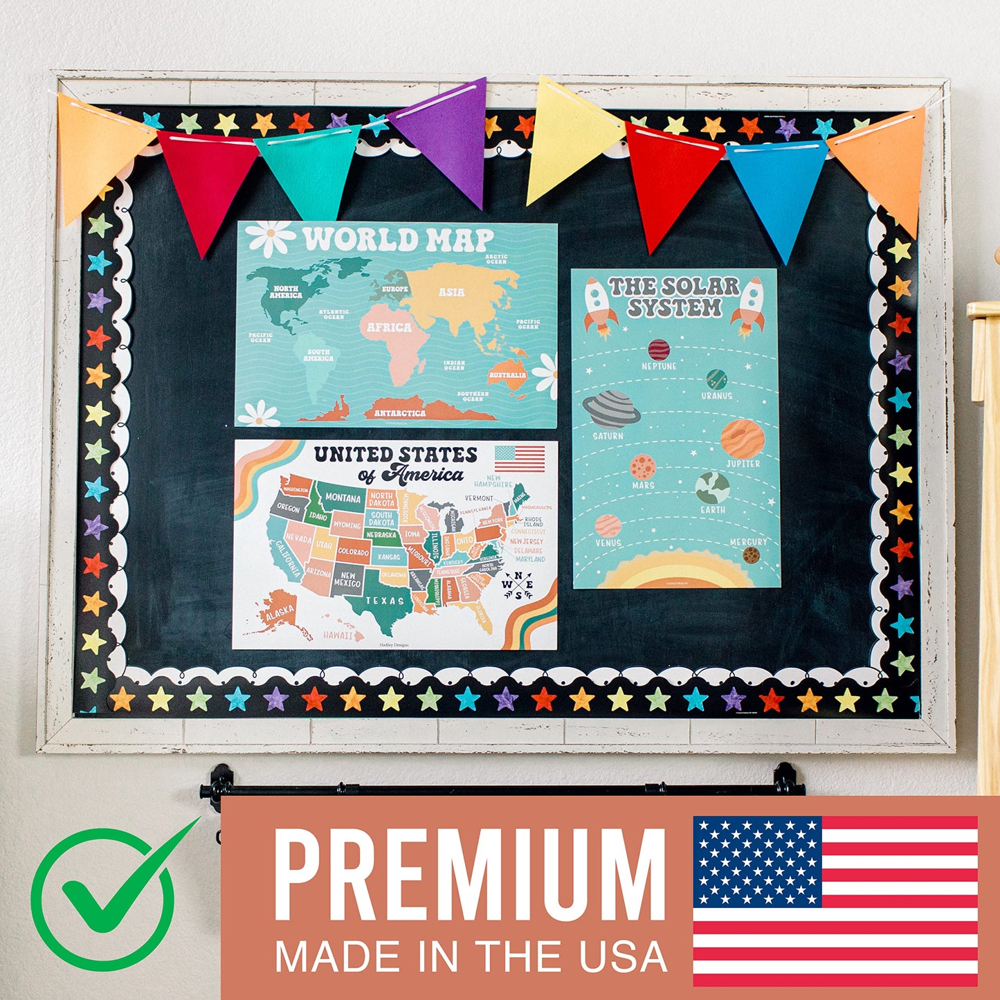 Hadley Designs 4 Alphabet, Map of United States, World Map, & Solar System Posters - Laminated ABC Charts for Toddlers Wall Decor, Retro Posters for Kindergarten, Prek Classroom or Homeschool 11x17