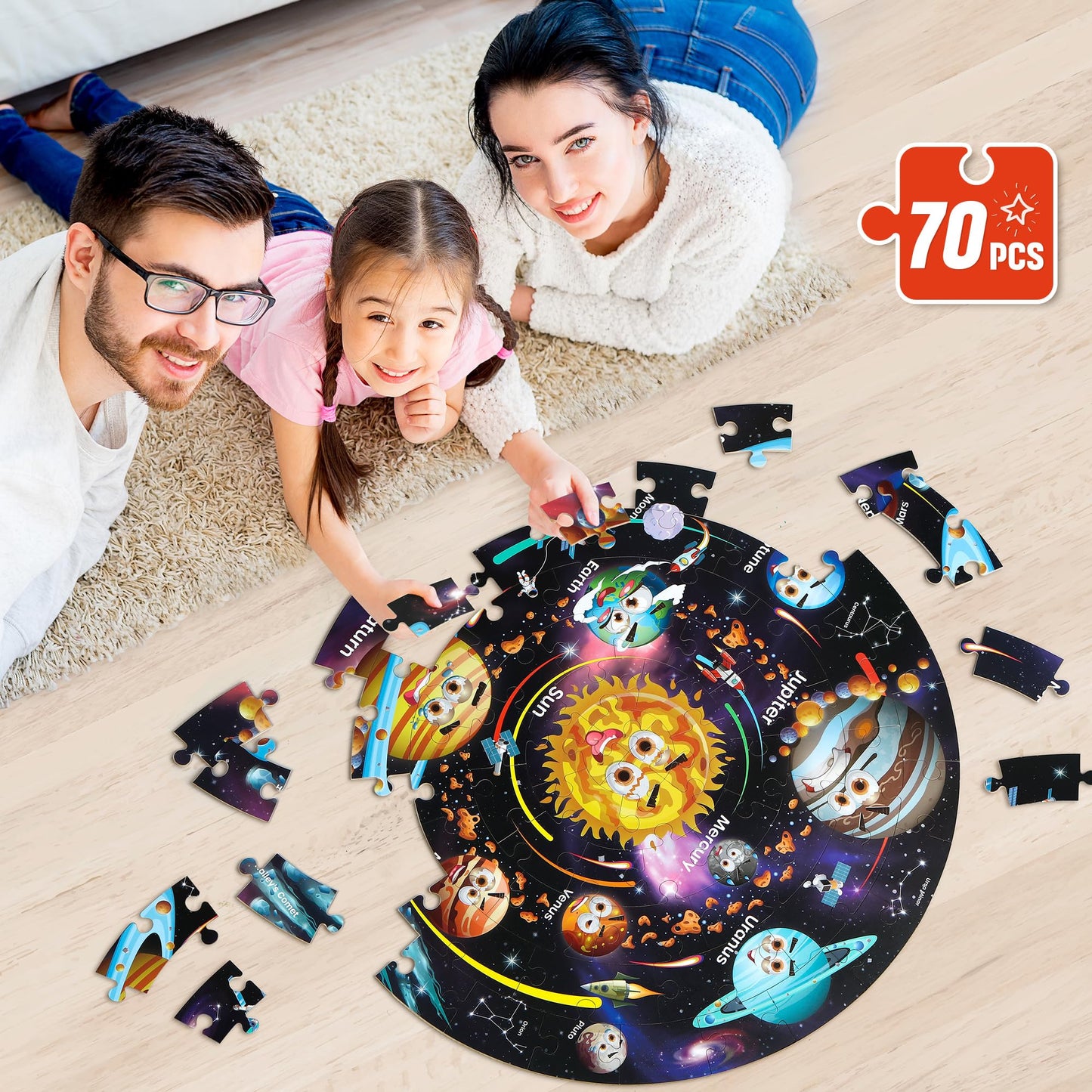SYNARRY Solar System Floor Puzzles for Kids Ages 4-8, Large 70 Piece Jigsaw Puzzles for Kids Ages 4-6, Space Planet Astronaut Toys Puzzles, Preschool Learning Toys, Easter Basket Stuffers for Boy Girl