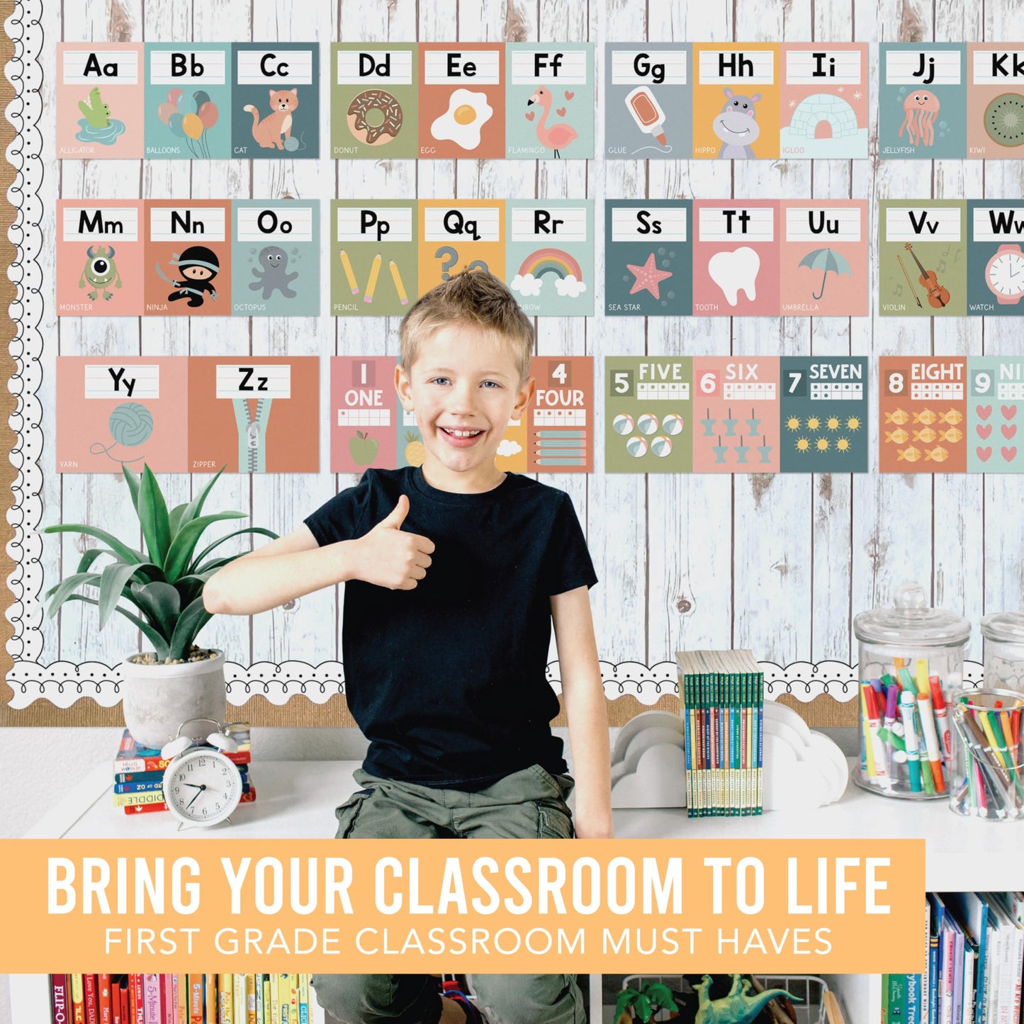 Hadley Designs Alphabet for Classroom Wall Decor - ABC Posters for Classroom Wall Chart Preschool & Kindergarten, ABC Letters & Number Line Elementary, Alphabet Cards, Boho Classroom Decor