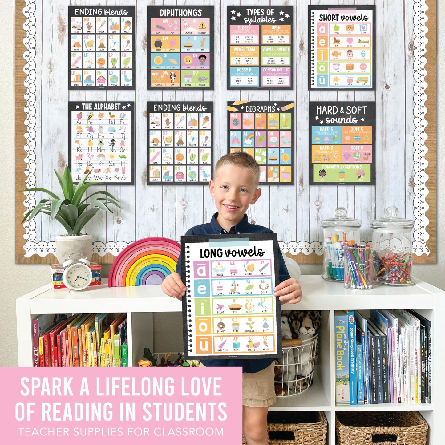 Hadley Designs Phonics Posters for Classroom Must Haves - 9 Sound Wall for Kindergarten & Elementary Teacher Supplies, Syllable, Vowels, Digraphs & Blends Bulletin Board Set, Chalkboard Classrom Decor