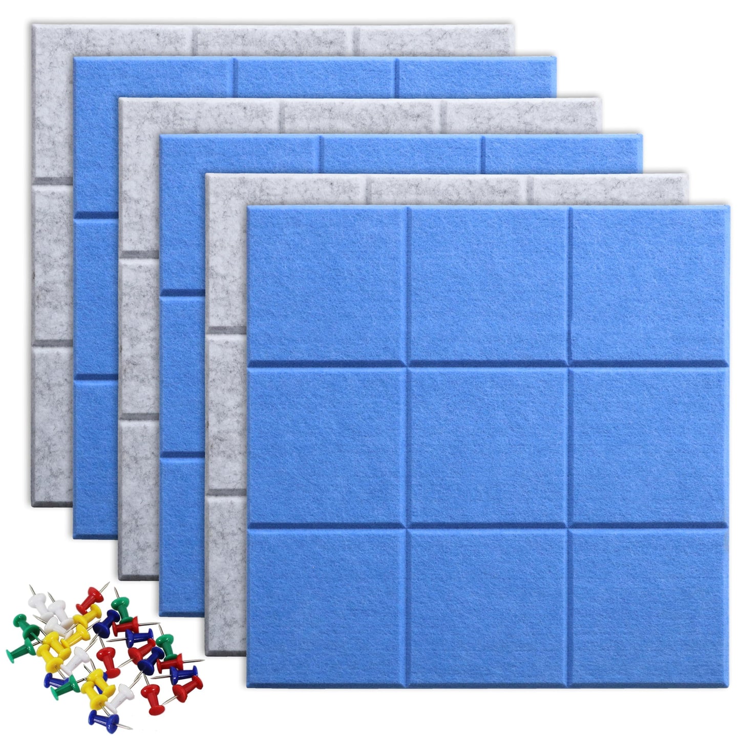 Uoisaiko Large Felt Board Tiles for Wall with 30 Push Pins, 11.8"x11.8" Pack of 6 Pin Board Notice Boards for Home Office Kitchen, Bulletin Board Wall Tiles for Photos Memos (Blue+Grey, 6 Pack)