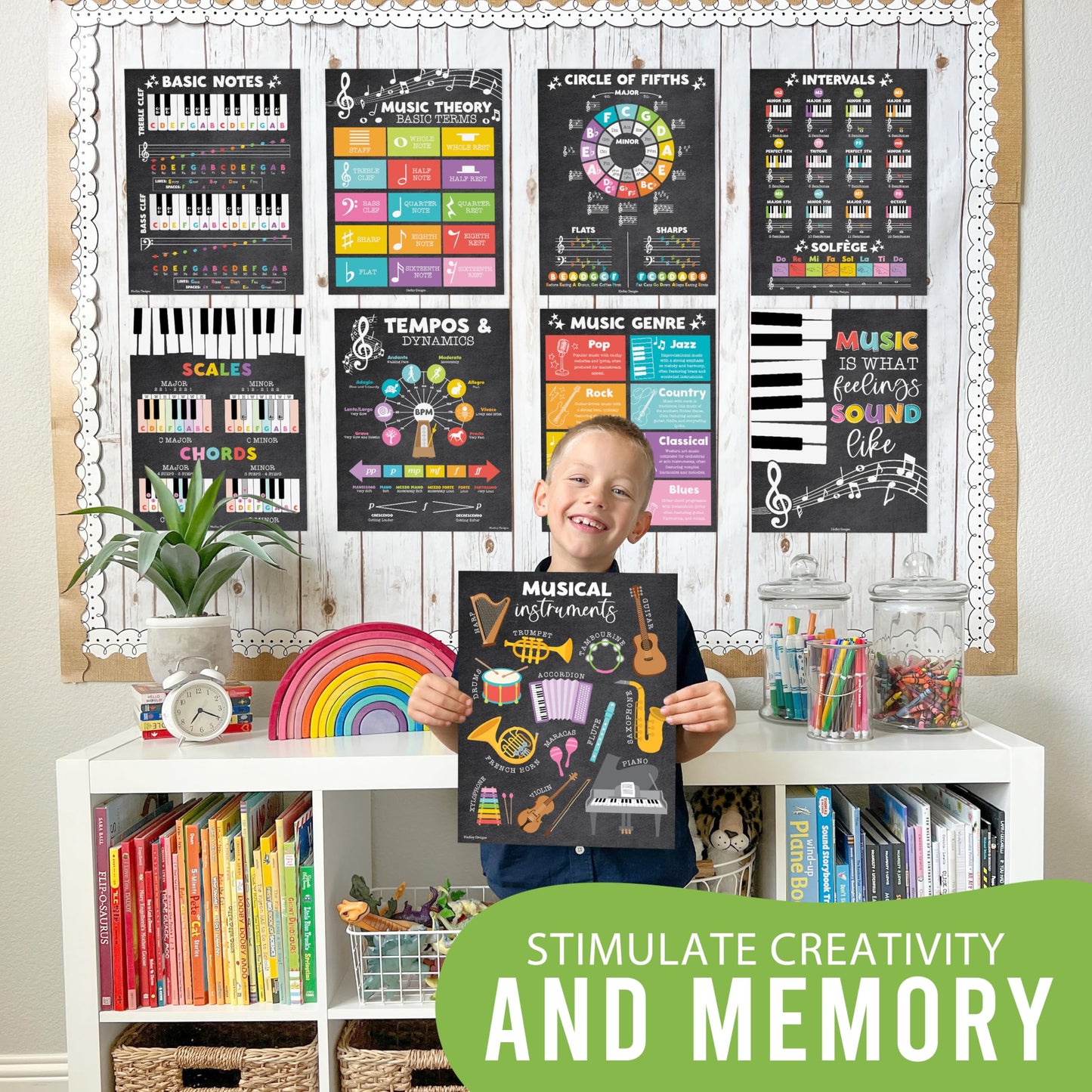 Hadley Designs Music Classroom Decor –9 Music Classroom Posters Elementary, Choir & Solfege Posters, Solfege Hand Signs & Musical Instruments Bulletin Board Decorations, Chalkboard Teacher Must Haves