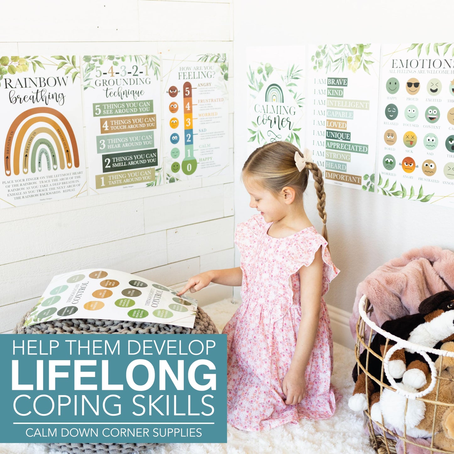 Hadley Designs 8 Calming Corner Posters for Classroom Must Haves -Calm Down Corner Supplies with Emotions Chart,School Counselor Mental Health Poster, Feelings Chart For Kids, Greenery Classroom Decor