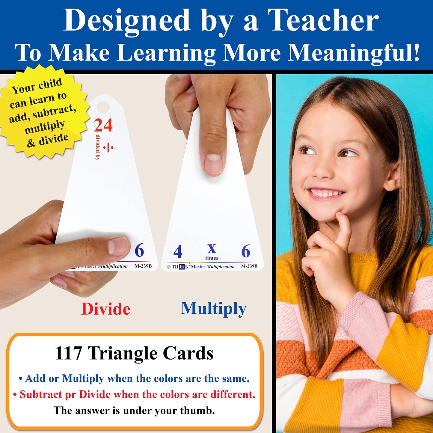 Think2Master Addition, Subtraction & Multiplication Flash Cards. This 3 Pack Includes 780 Laminated Cards to Learn How to add, Subtract, Multiply, Divide. Plus 6 Dry Erase Markers & 15 Rings