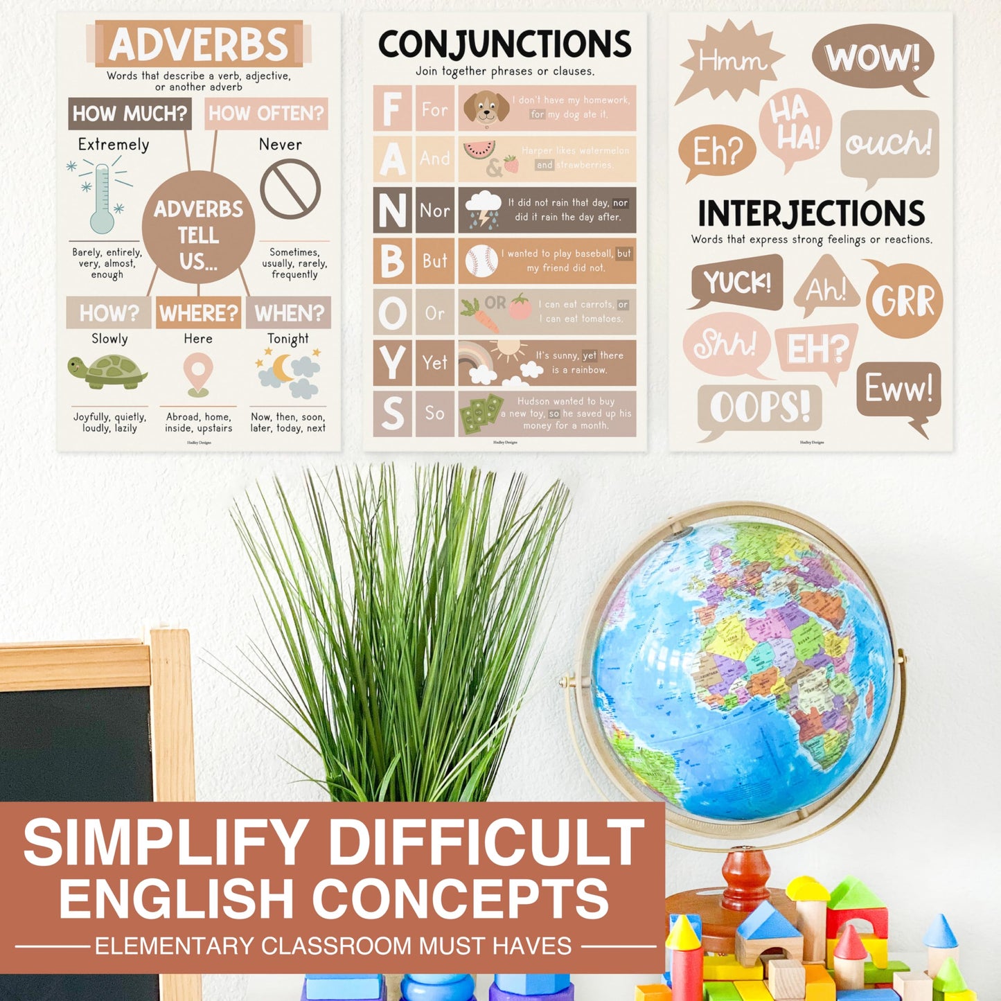 Parts of Speech Posters for Classroom Must Haves - 12 Grammar Posters, Writing Process for Homeschool, Elementary & Middle School, ELA 3rd 4th & 5th Grade Teacher Must Haves, Boho Classroom Decor