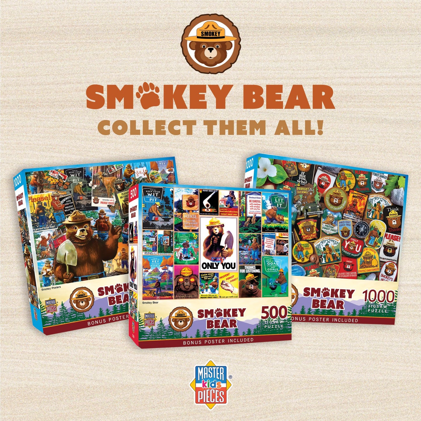 MasterPieces Puzzle Set - 4-Pack 100 Piece Jigsaw Puzzle for Kids - Smokey Bear 4-Pack - 8"x10"