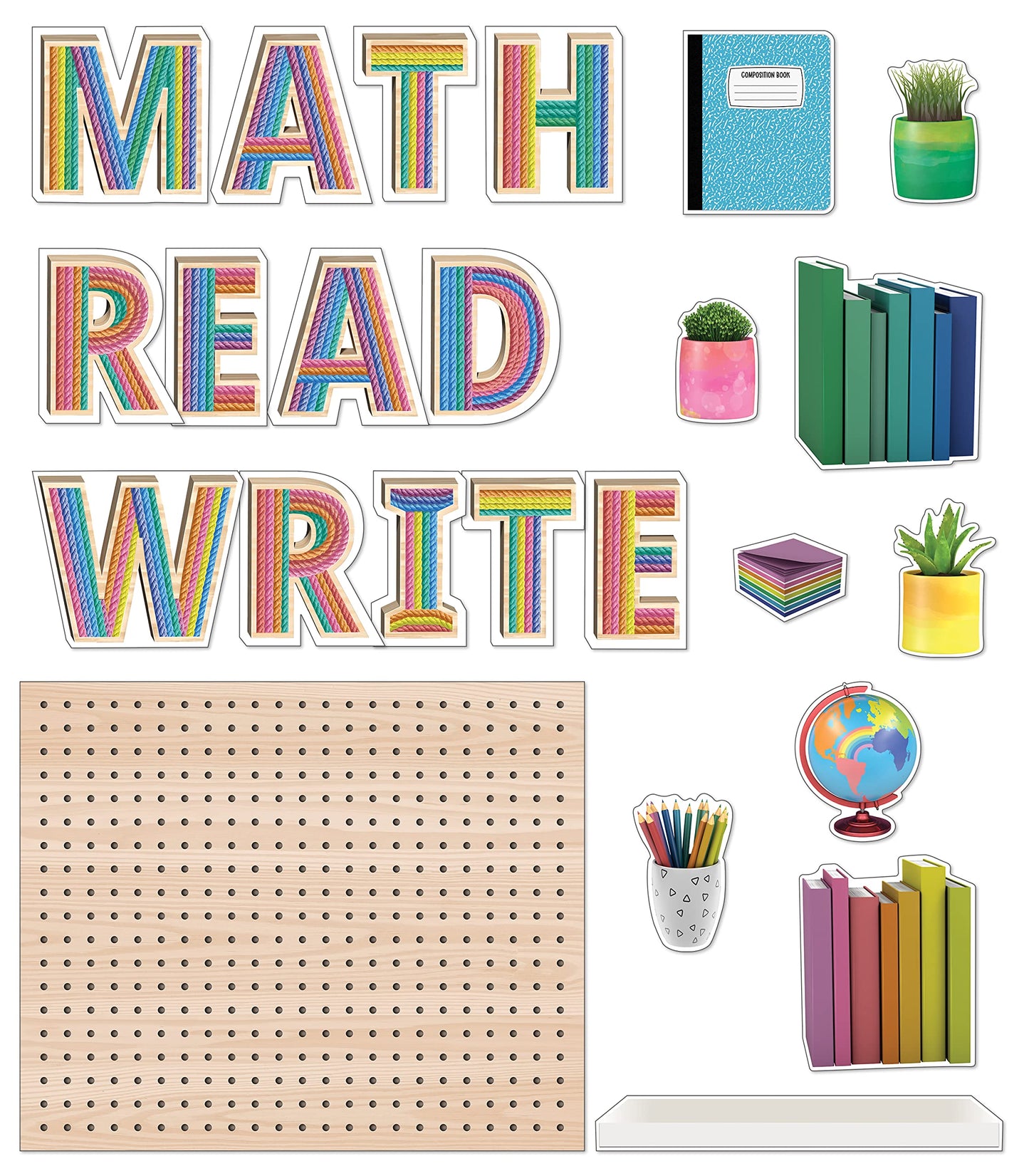 Carson Dellosa Creatively Inspired 31-Piece Subject Bulletin Board Set, Read, Write, and Math Bulletin Board Subject Signs for Bulletin Boards, Plant Décor, Books, and World Globe Cutouts