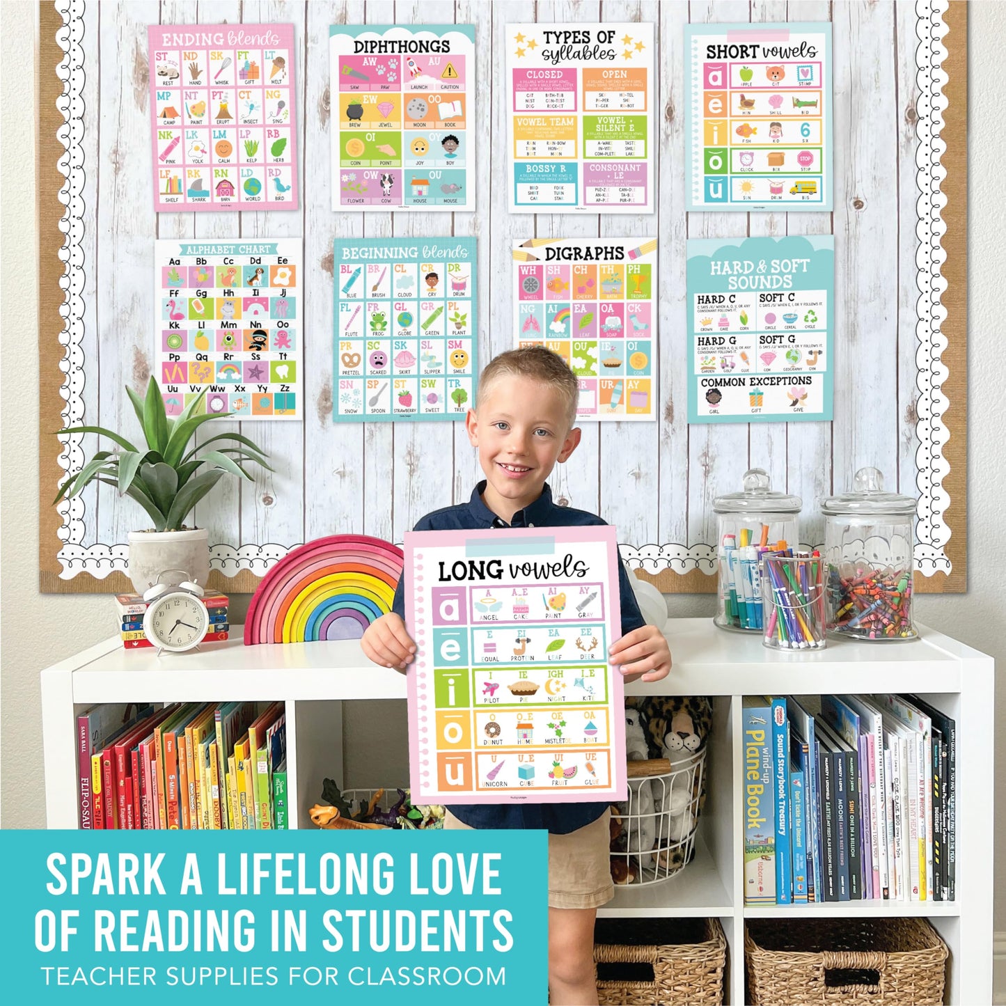 Hadley Designs Phonics Posters for Classroom Must Haves - 9 Sound Wall for Kindergarten & Elementary Teacher Supplies, Syllable, Vowels, Digraphs & Blends Bulletin Board Set, Pastel Classrom Decor