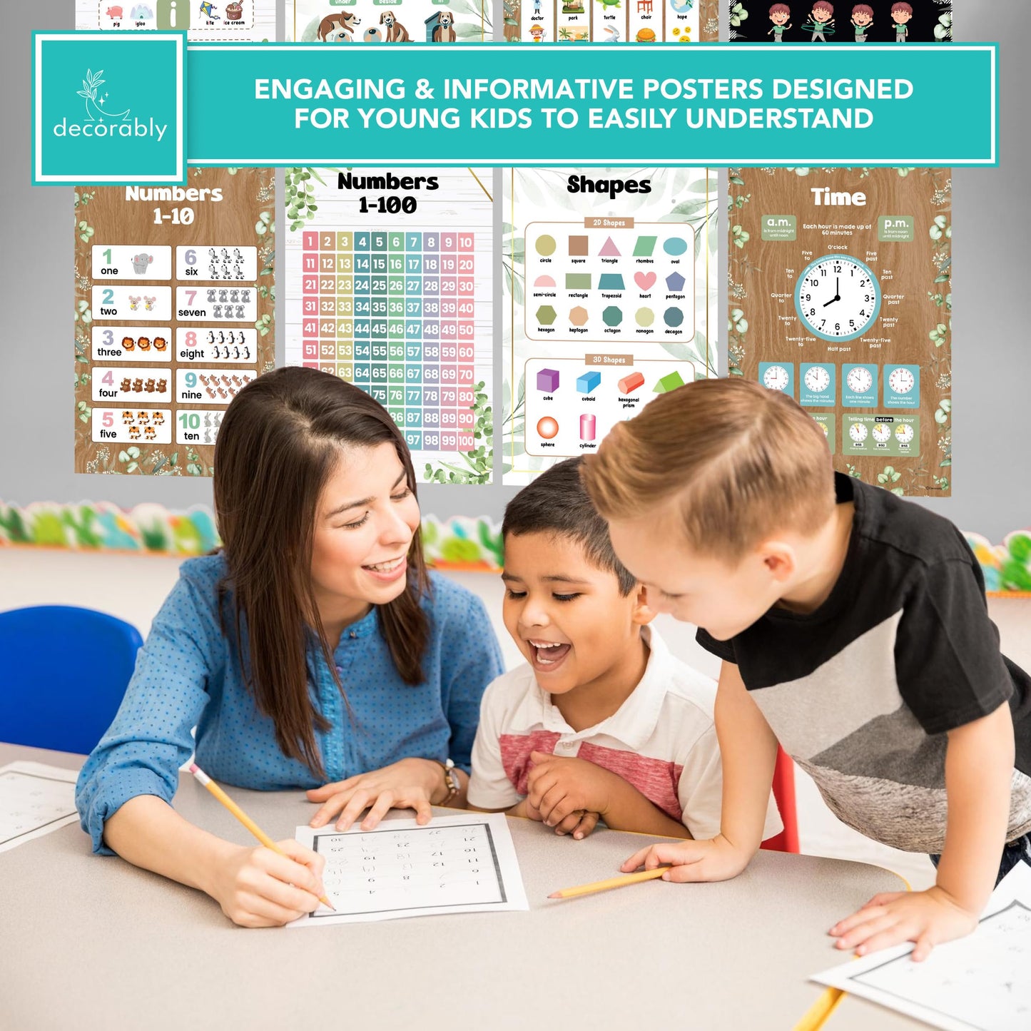 Decorably 50 Farmhouse Theme Kindergarten Posters for Homeschool, 11x17in Matte-Laminated Preschool Educational Toddler Learning Decor - Classrooms, Hallways, Bulletin Boards