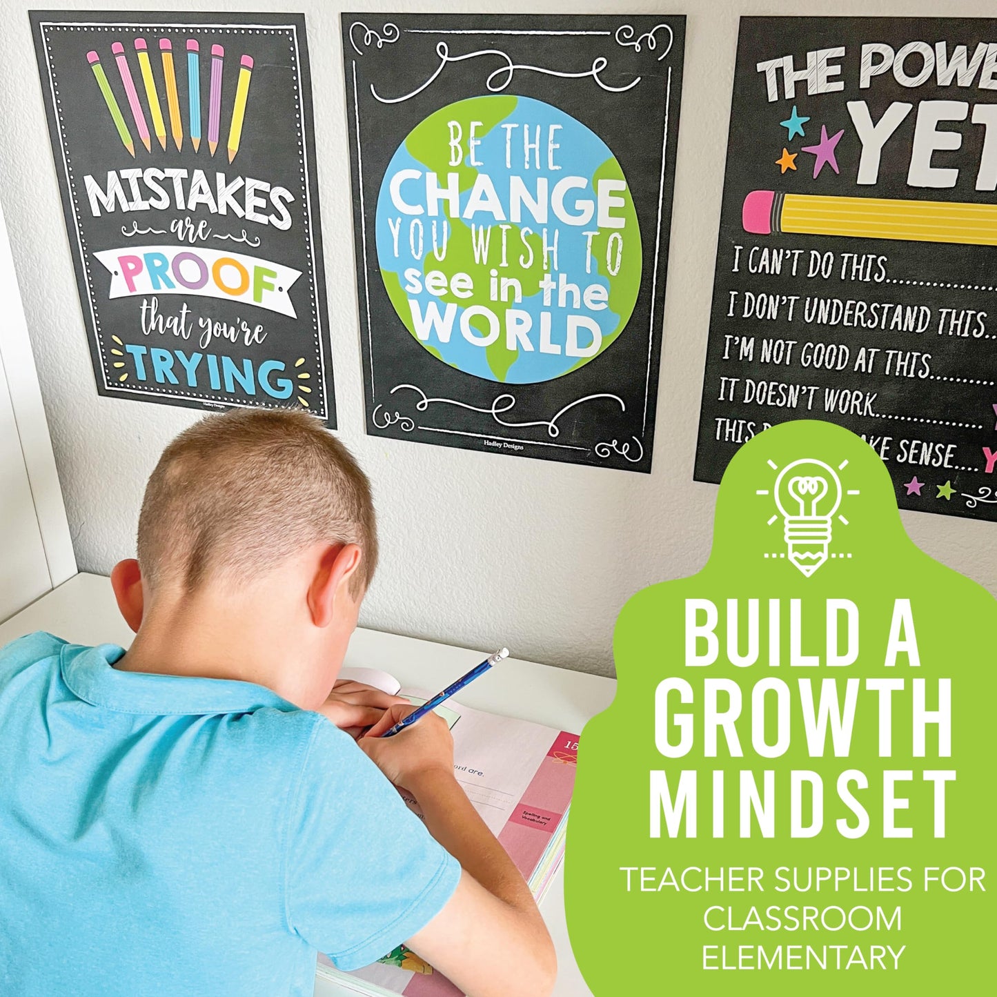 Hadley Designs Motivational Posters for Classroom Decor -9 Growth Mindset Classroom Posters Elementary, Positive Poster Middle School, Inspirational Wall Art, Chalkboard Teacher Bulletin Board Decor